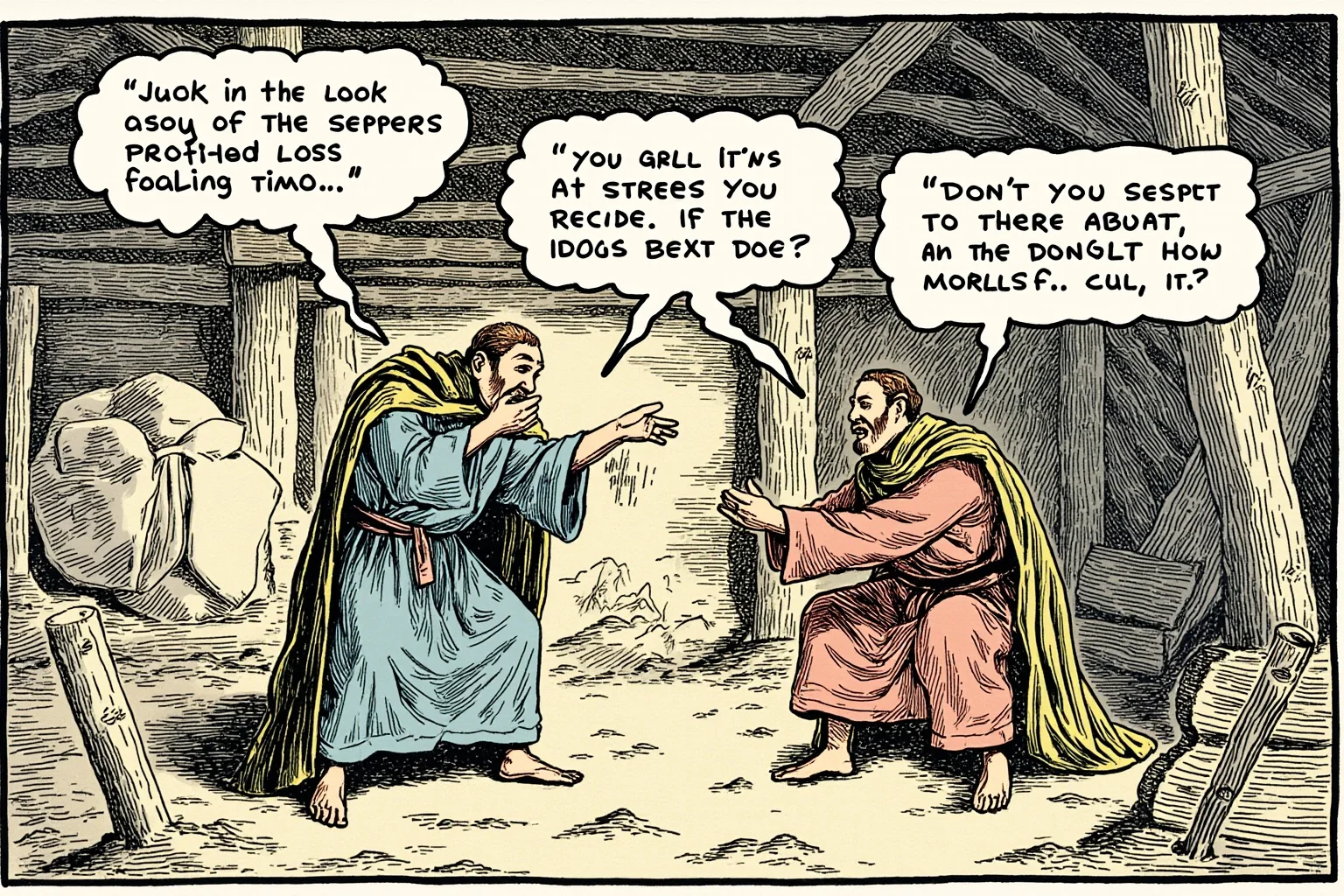 An illustrated Viking longhouse scene with two robed figures gesturing in a heated verbal exchange