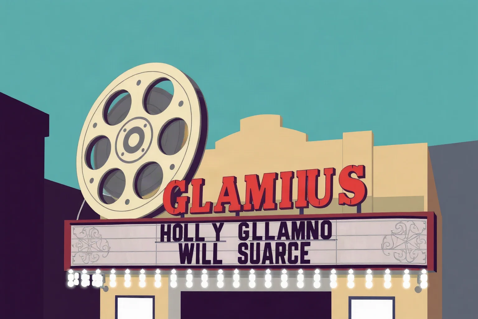An illustrated vintage film reel and old cinema marquee evoking 1930s Hollywood glamour