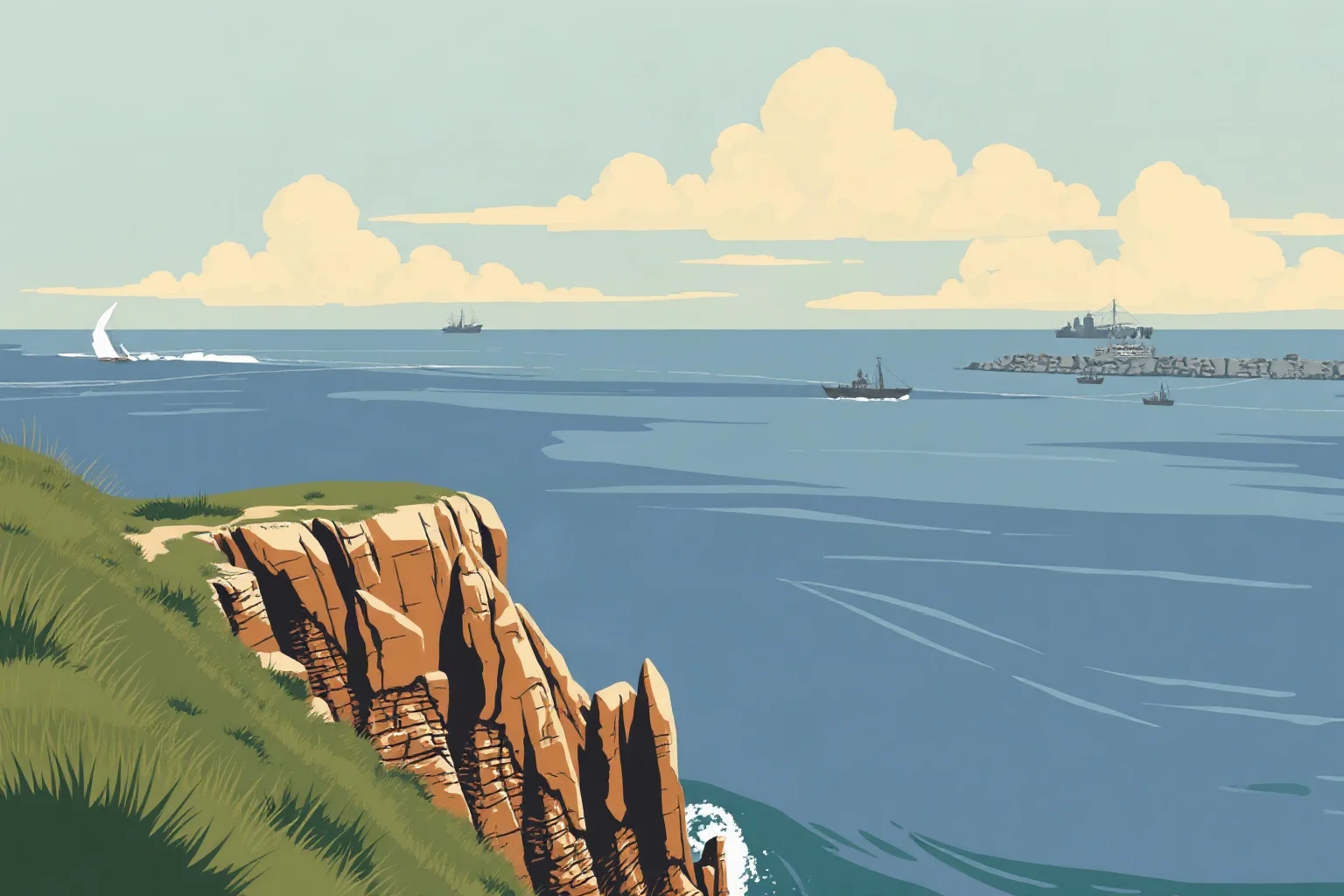 An illustrated wartime coastal cliff scene with a distant view of a harbor and ships, evoking a 1940s postcard style
