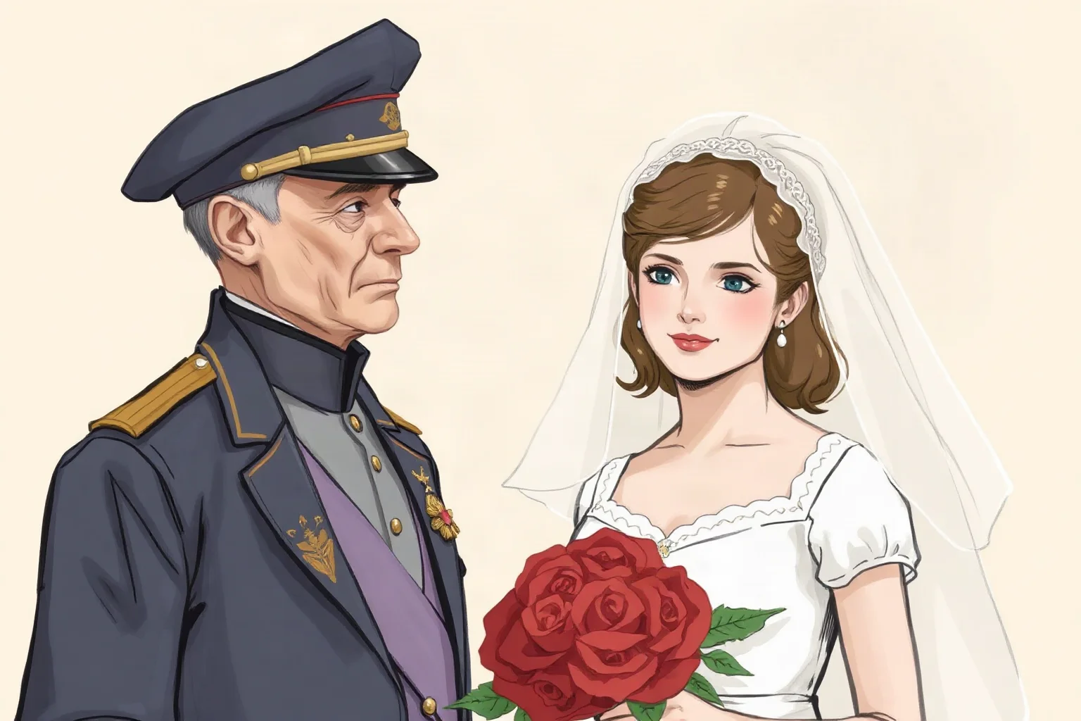 An illustrated wedding scene with a young bride and an older uniformed officer, early 1900s style