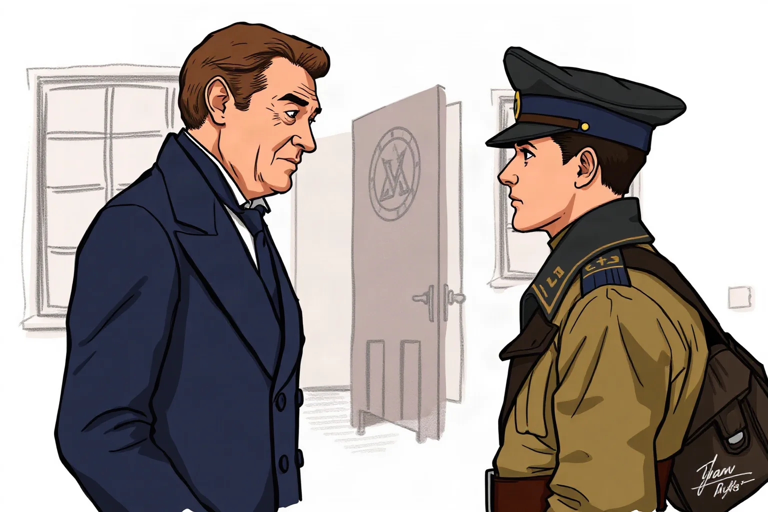 An illustrated well-dressed political figure in a formal coat conferring quietly with an ambitious young officer, historical scene