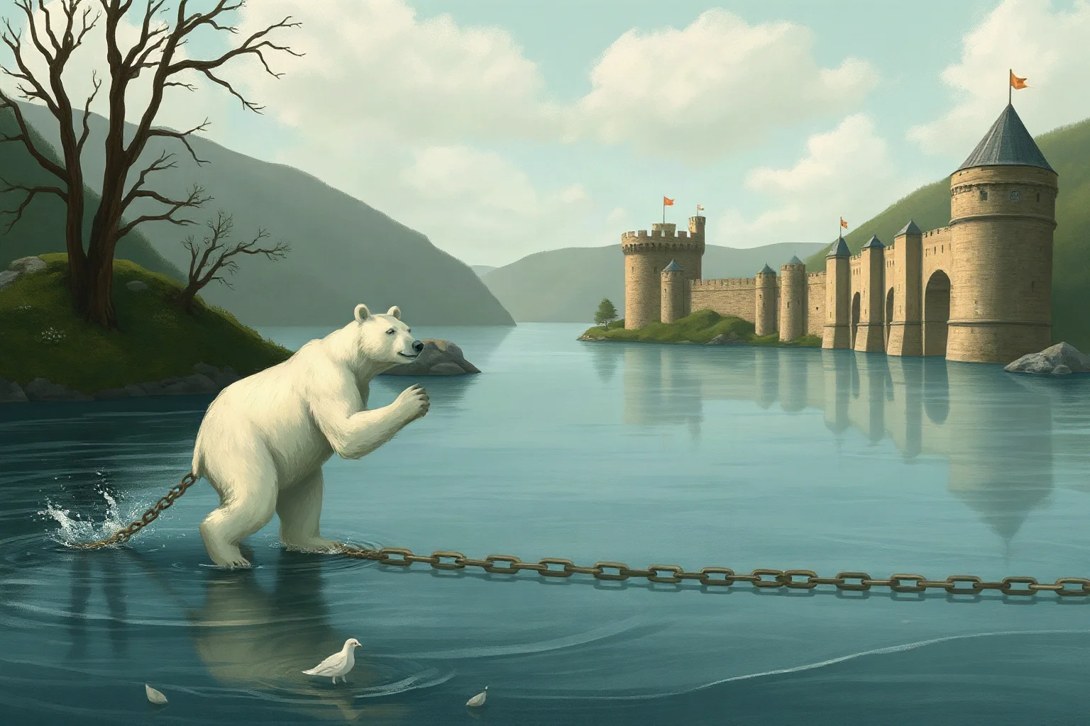 An illustrated white bear on a long chain wading in a wide medieval river beside a stone fortress, in an old storybook art style