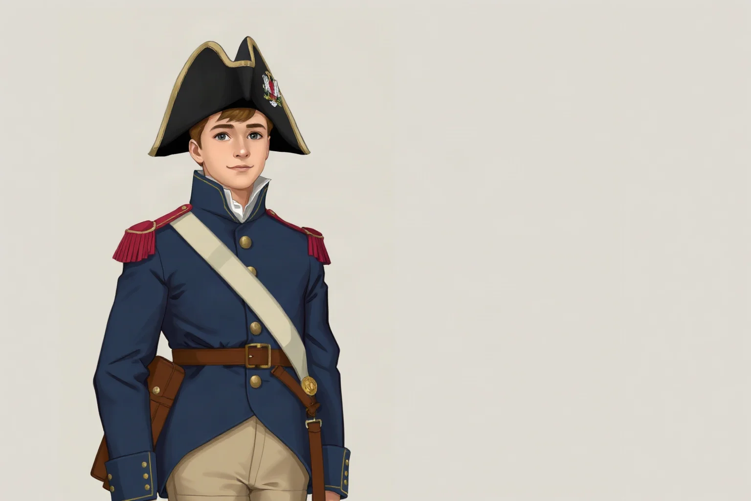 An illustrated young artillery officer in a French Revolutionary military uniform standing confidently, historical style