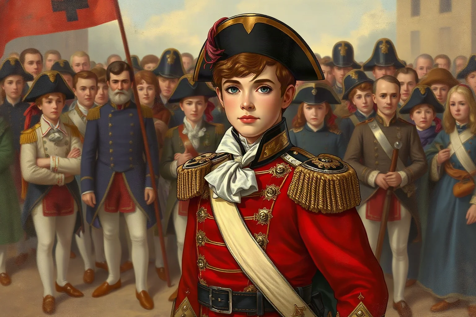 An illustrated young nobleman in a French Revolutionary-era military uniform standing before a crowd, historical painting style