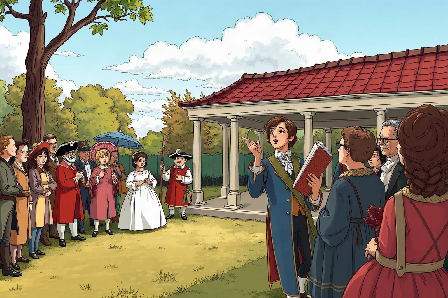 An illustrated young pamphleteer speaking passionately to a gathered crowd outside a garden pavilion, 18th-century France