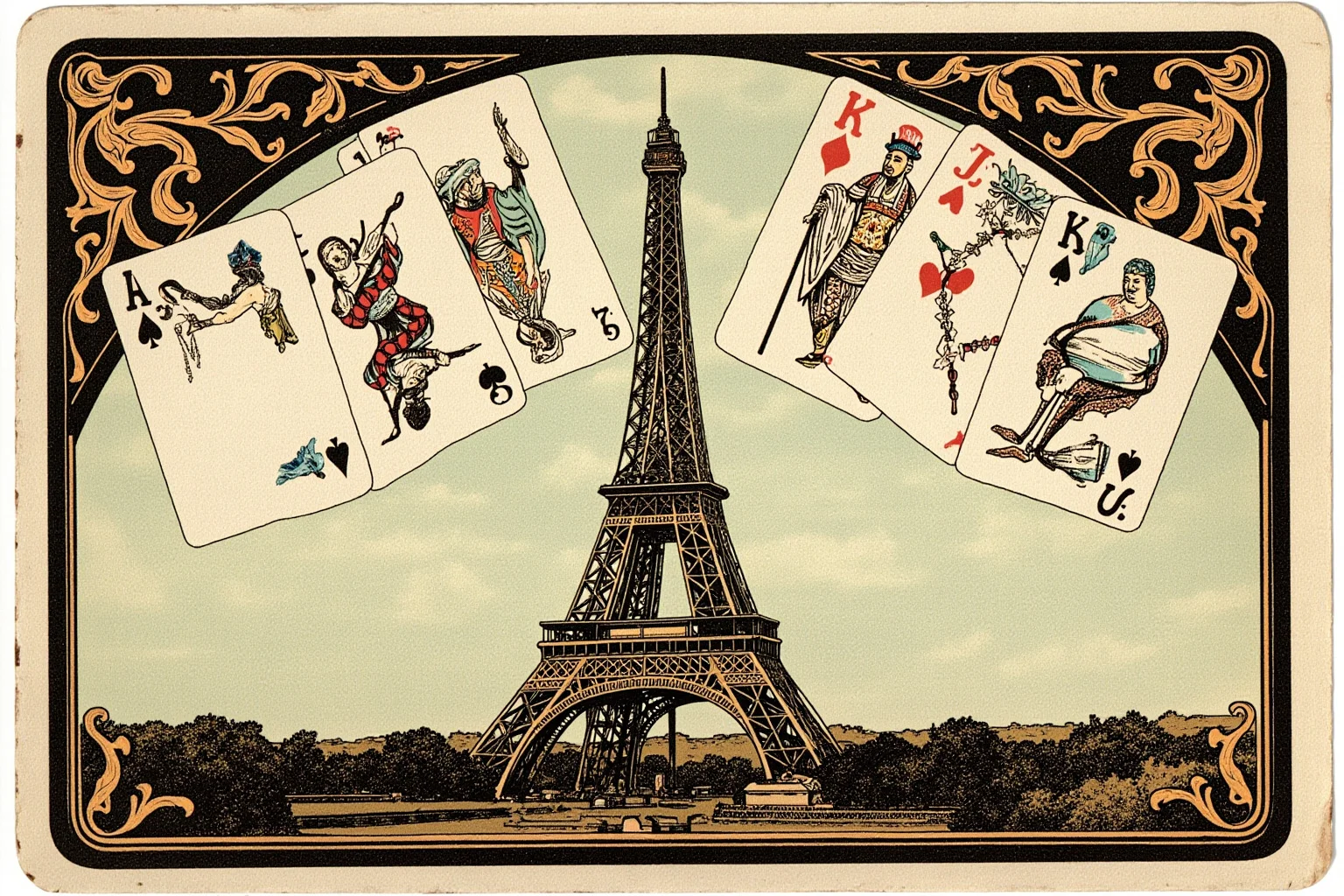 Galileo, Harvard, and 20 Other Unlikely Simultaneous Historical Events 7 An illustration combining vintage Japanese playing cards with the silhouette of the Eiffel Tower under an 1880s sky