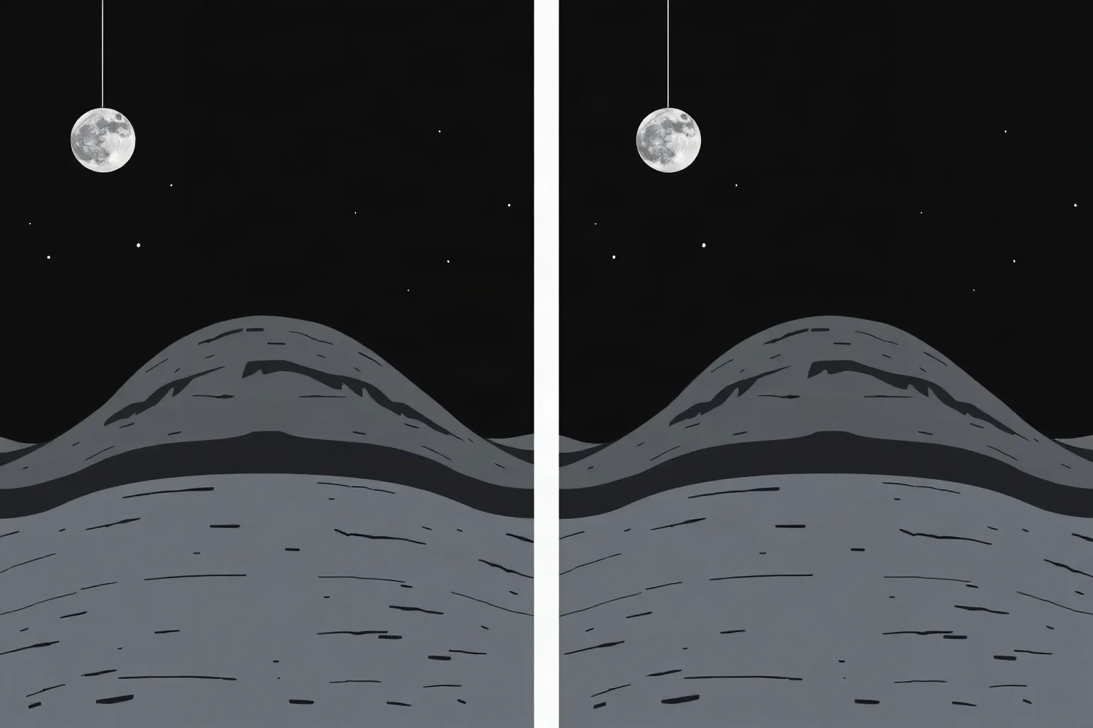 An illustration comparing two nearly identical grey lunar hill backdrops side by side under a black sky