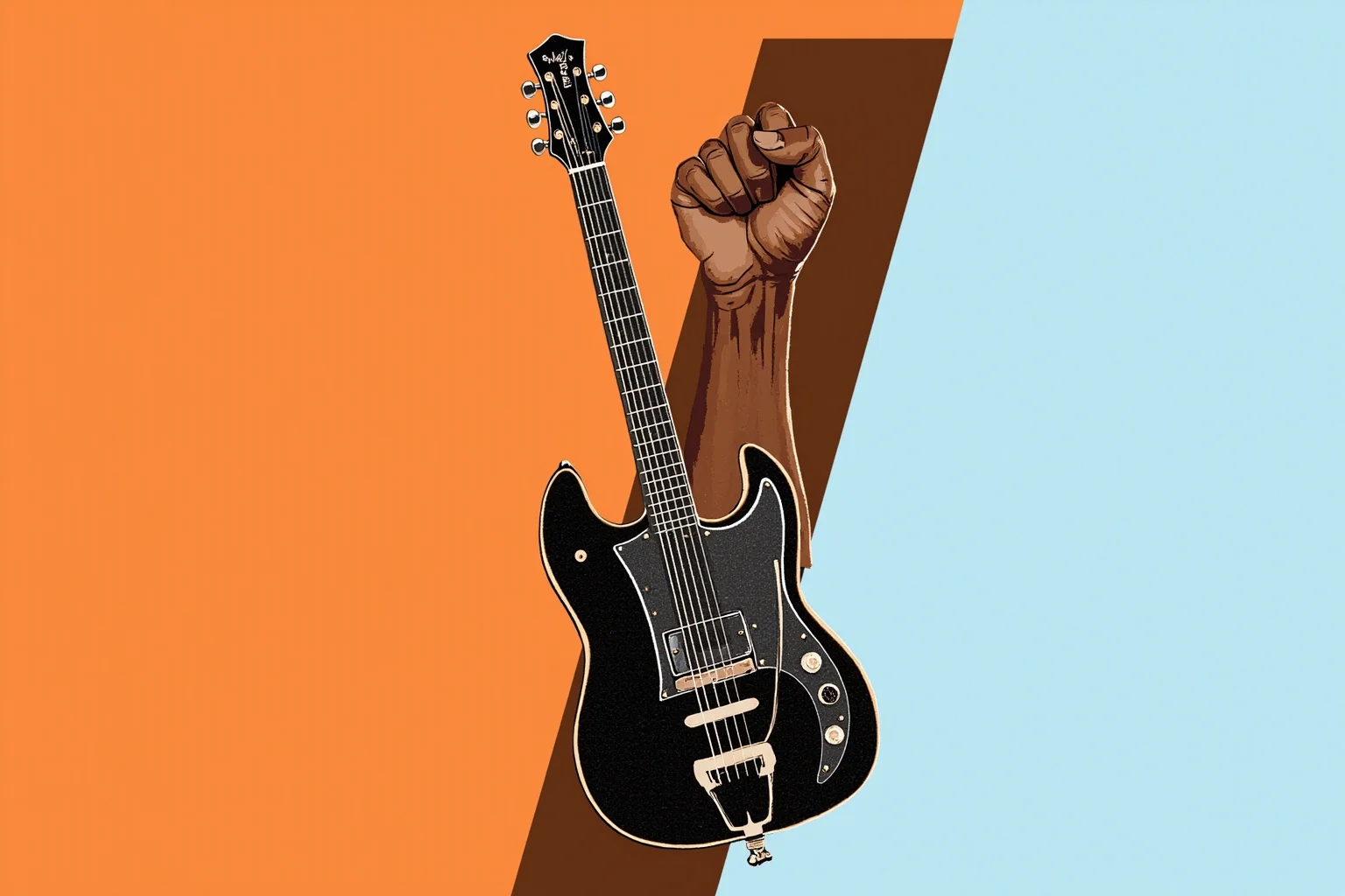 Historical Figures That Were Shockingly Born In The Same Year 18 An illustration contrasting a raised fist symbol with a vintage blues guitar, symbolizing civil rights activism and blues music