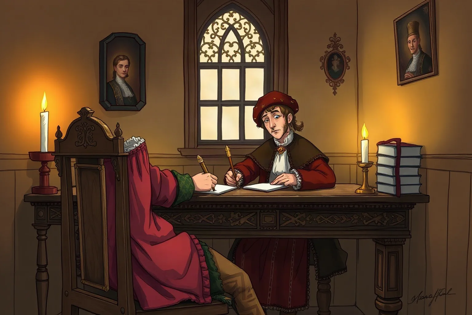 An illustration of a 16th-century Russian ruler writing a letter by candlelight at an ornate wooden desk