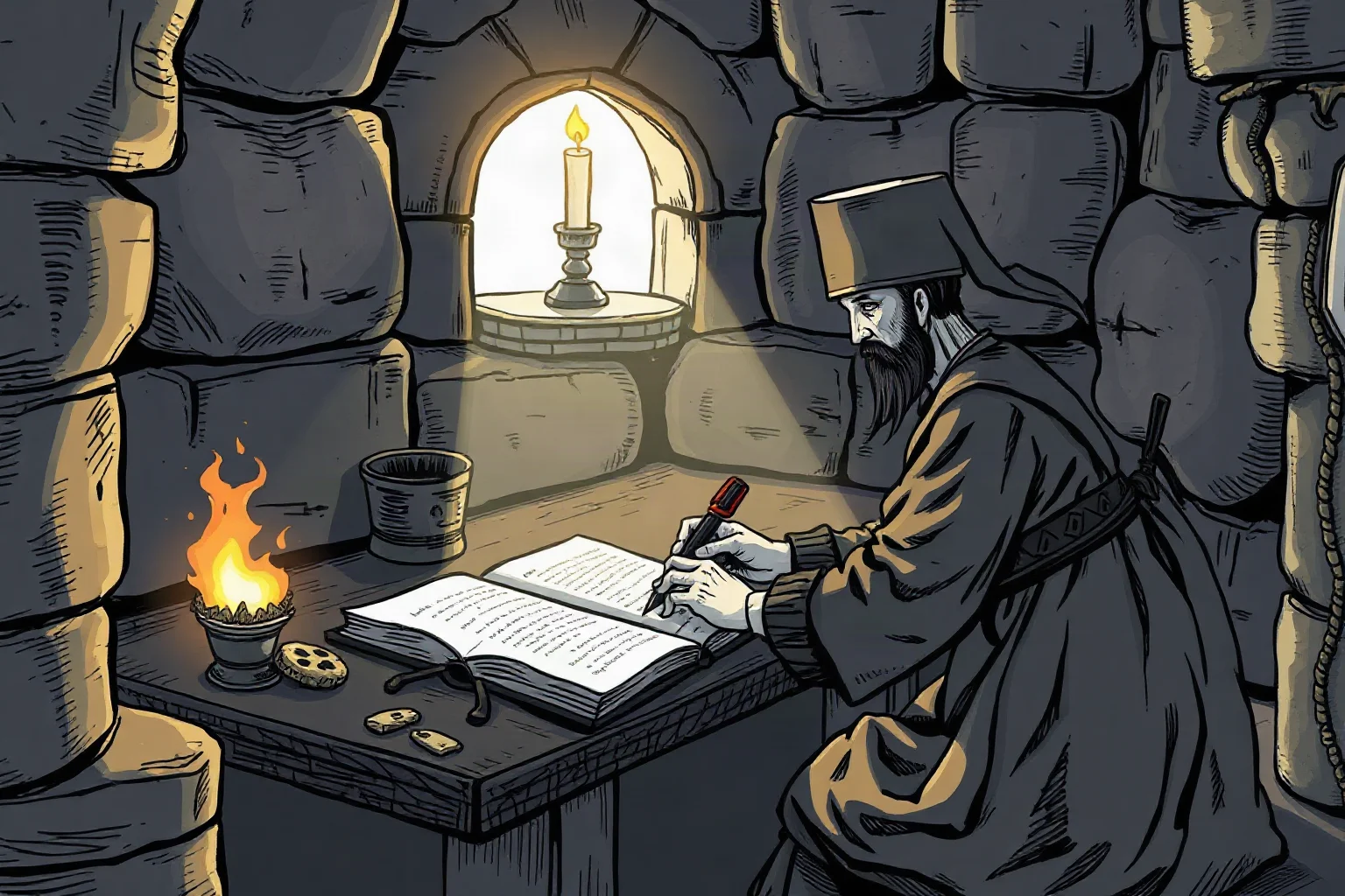 An illustration of a 16th-century Russian scribe writing a legal code by candlelight in a stone chamber
