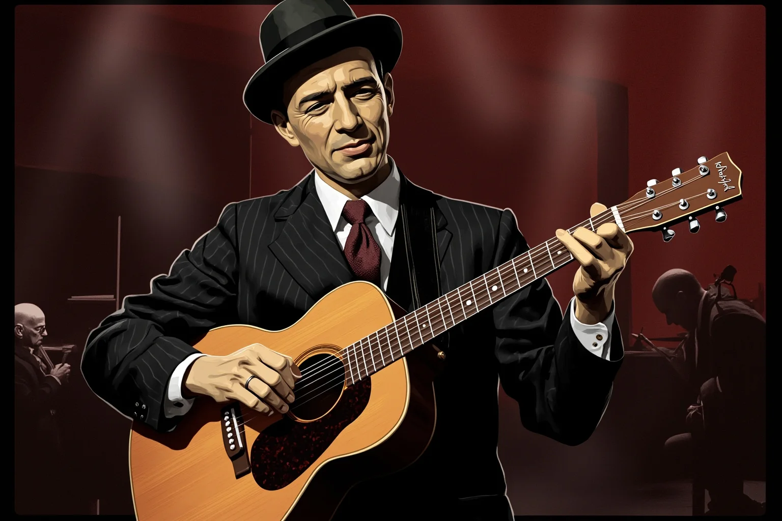 An illustration of a 1930s European jazz guitarist with an acoustic archtop guitar, performing in a smoky Parisian club setting