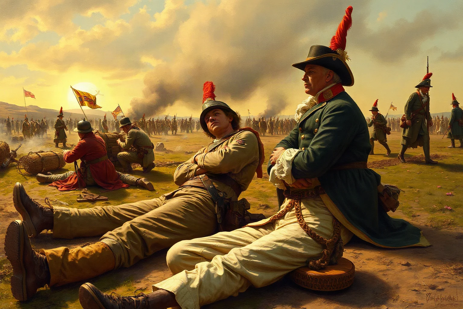 An illustration of a 19th-century European gentleman kneeling beside a wounded soldier on a chaotic battlefield