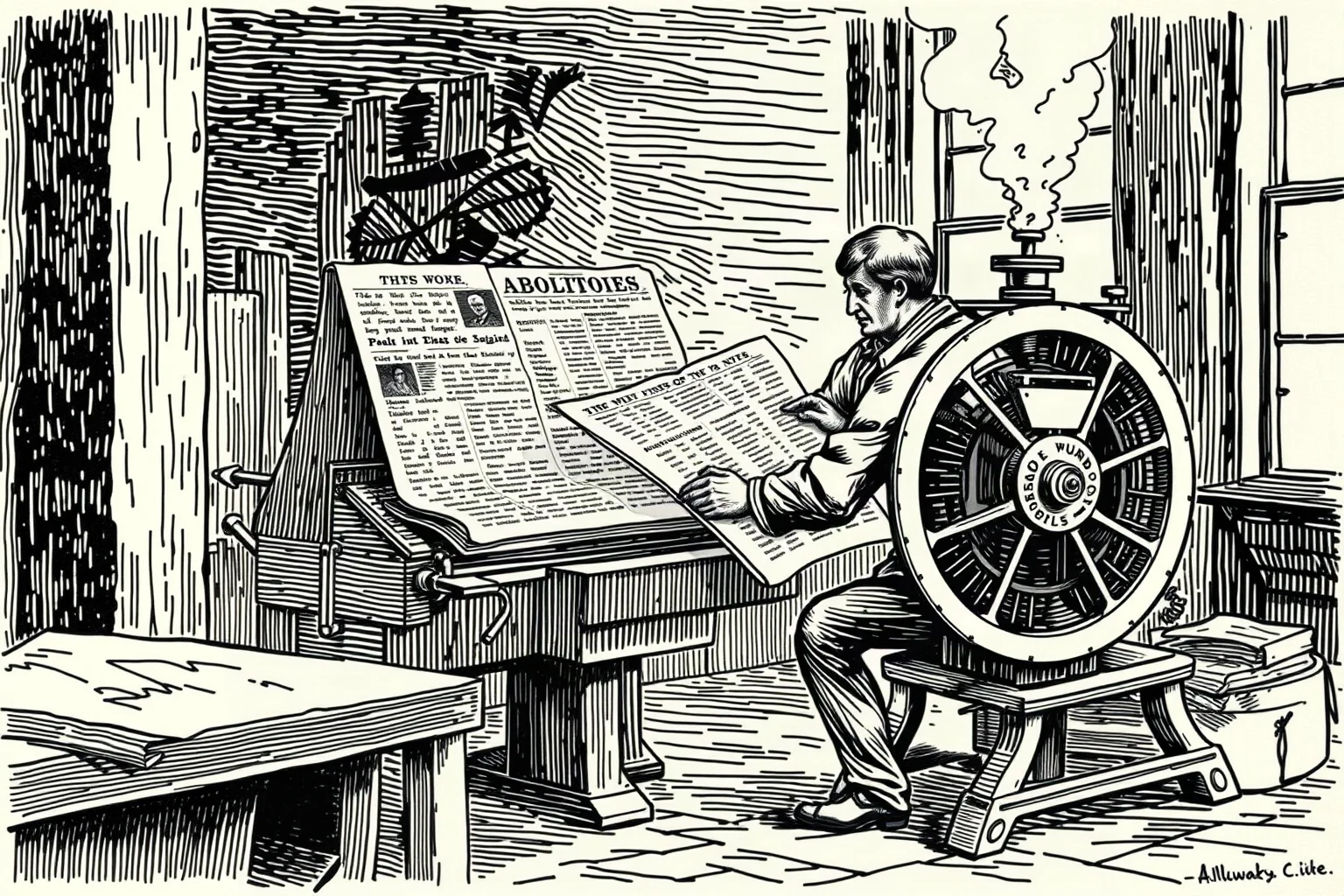 An illustration of a 19th-century man at a printing press producing an abolitionist newspaper