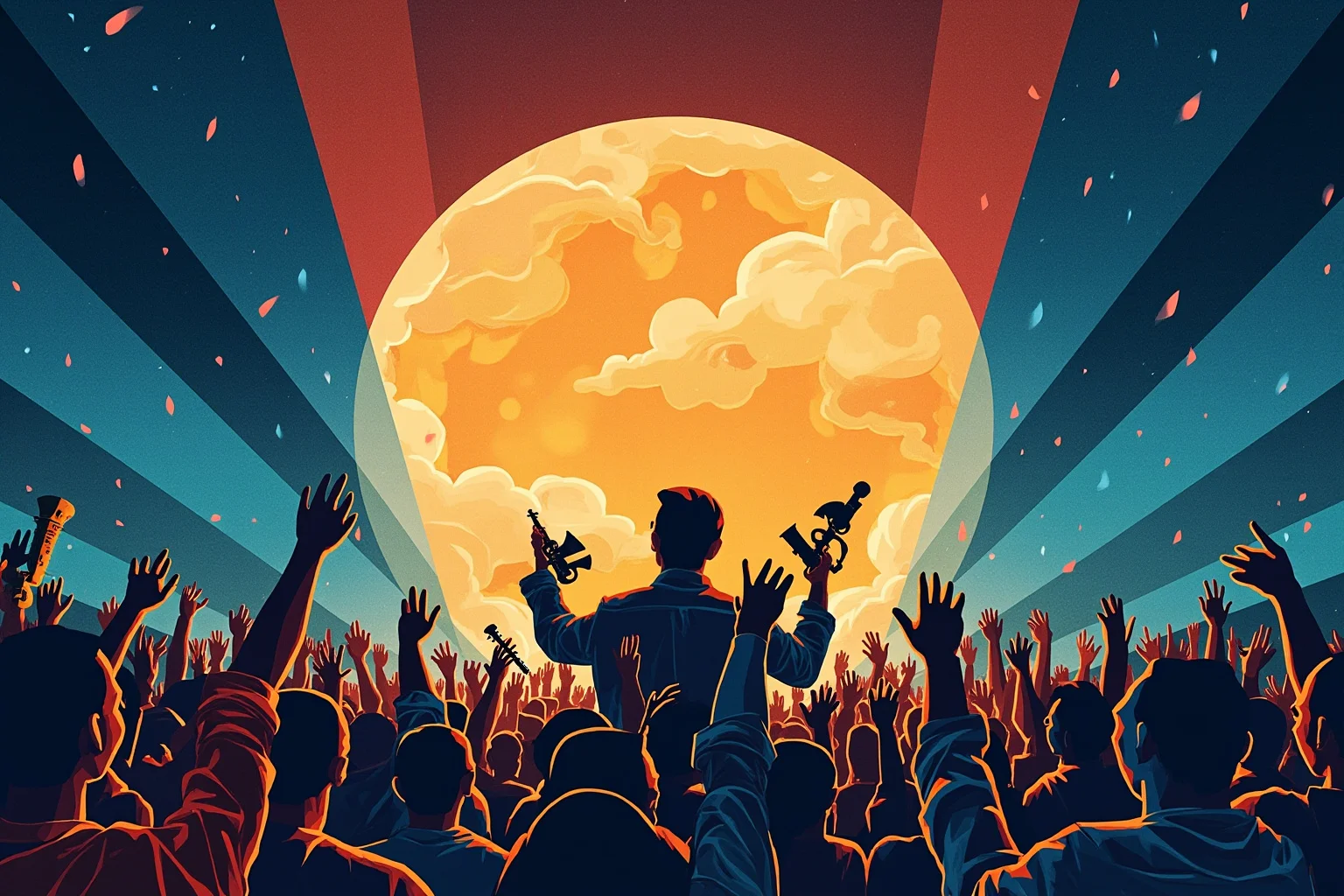 An illustration of a benefit concert stage with instruments, evoking global humanitarian fundraising efforts