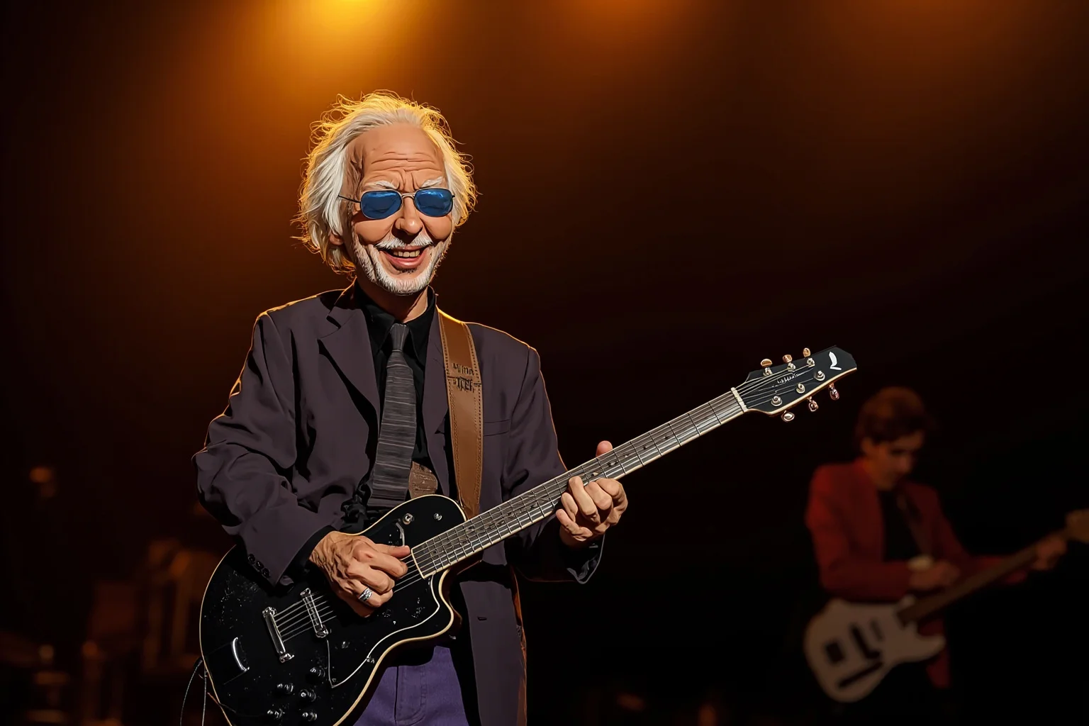 An illustration of a blues guitarist on a dimly lit stage, holding a well-worn electric guitar named affectionately, warm amber lighting