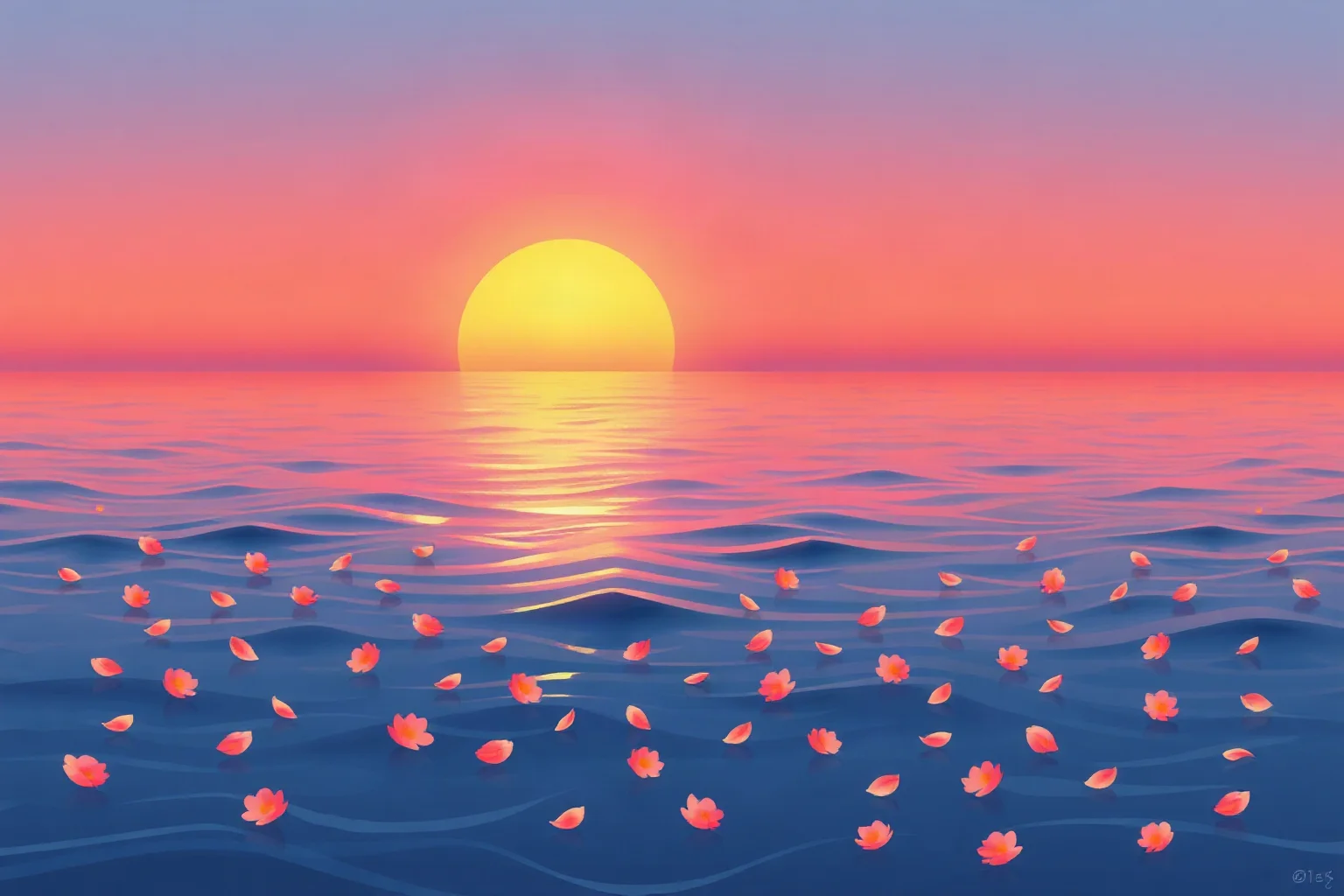 An illustration of a calm ocean at sunset with scattered flower petals on the water's surface