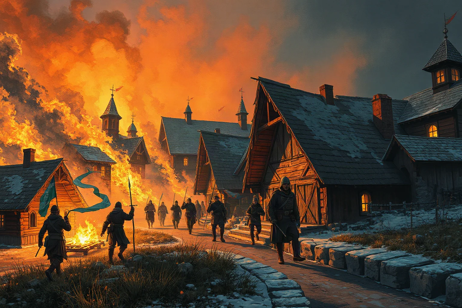 An illustration of a chaotic medieval Russian village scene with fires, fleeing peasants, and soldiers, representing civil unrest