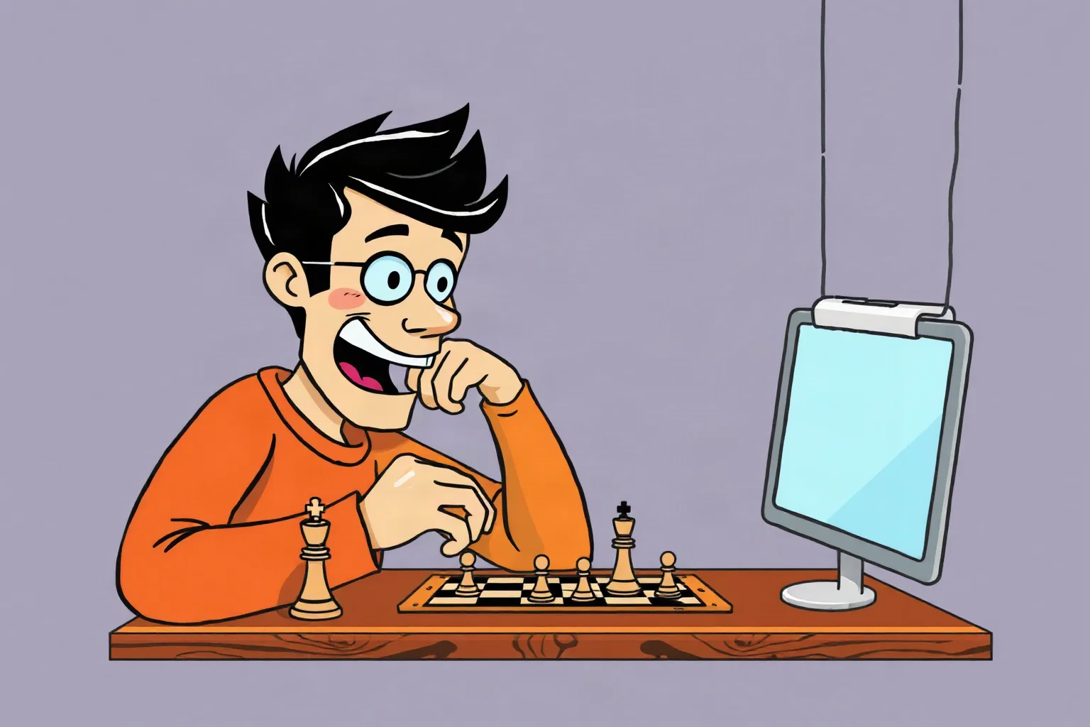 An illustration of a chess player streaming online with a fast blitz clock and energetic expression