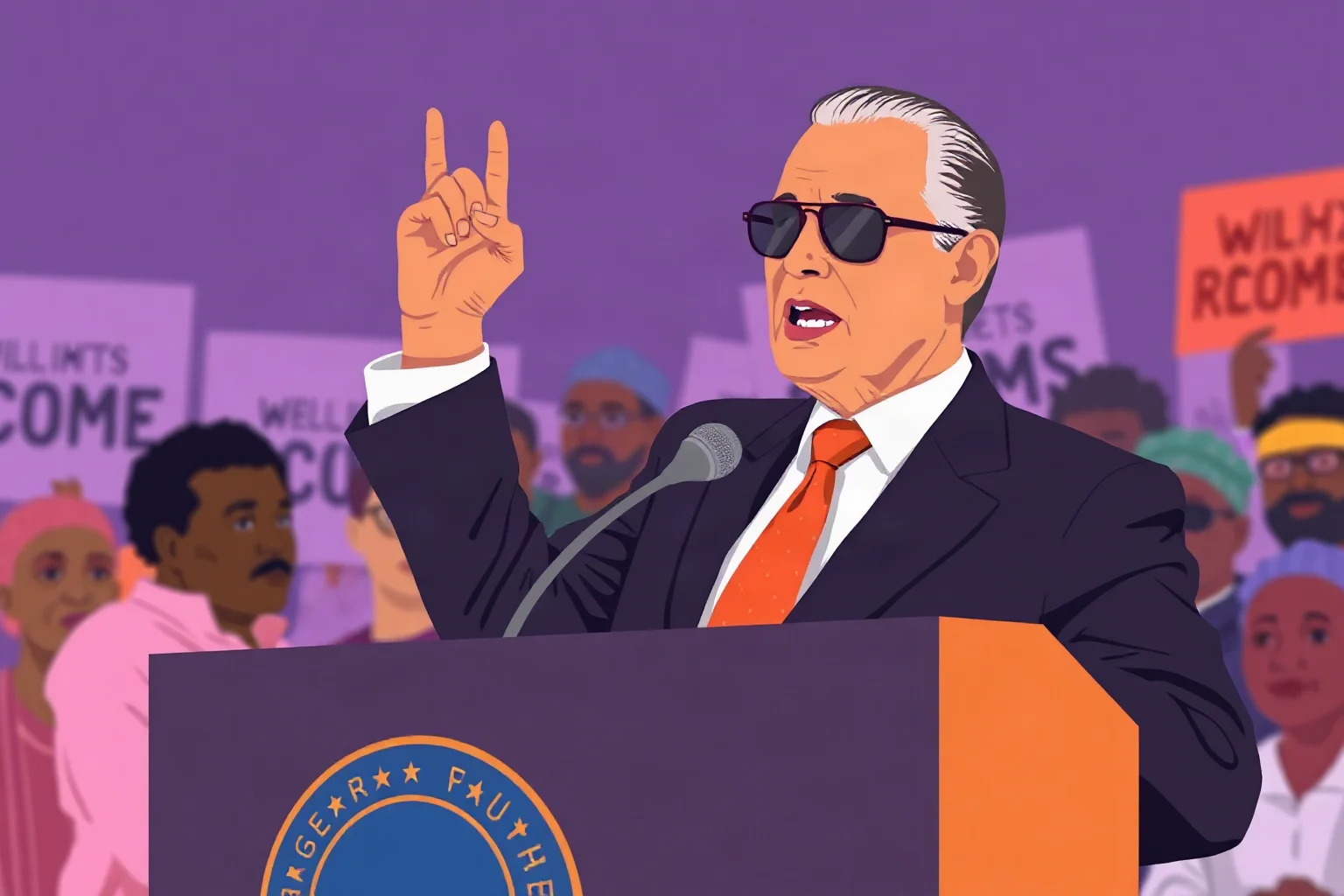 An illustration of a civil rights leader in a suit addressing a large outdoor crowd from a podium, arm raised mid-speech