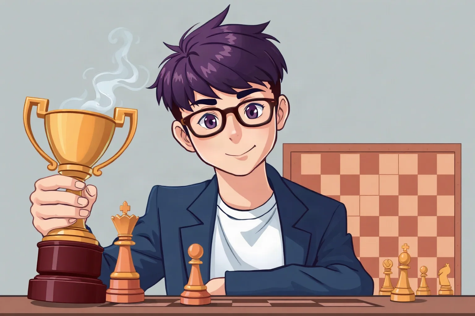 An illustration of a composed young Asian chess grandmaster holding a championship trophy beside a board