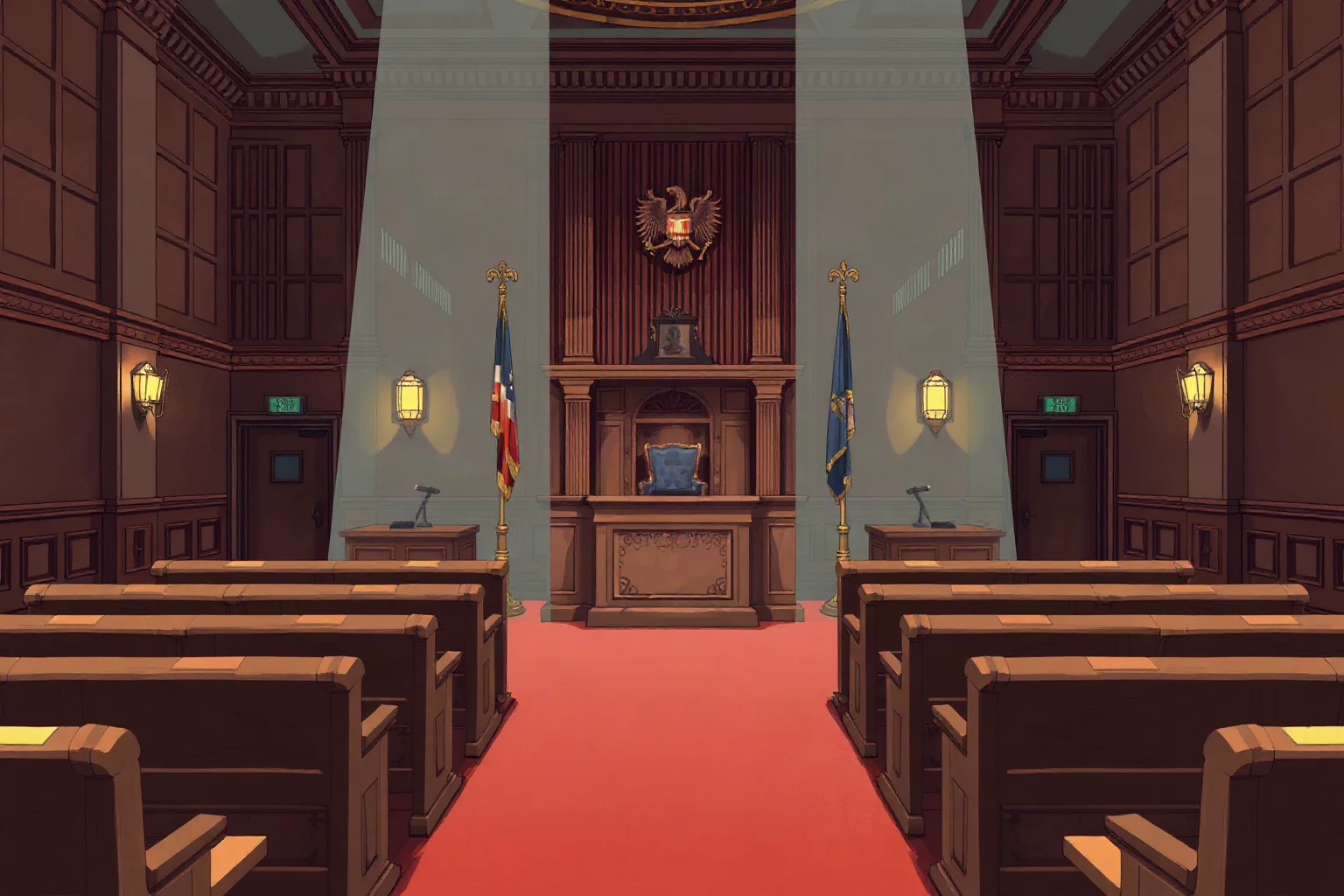 An illustration of a courtroom interior with a judge's bench and empty wooden benches, dramatic lighting