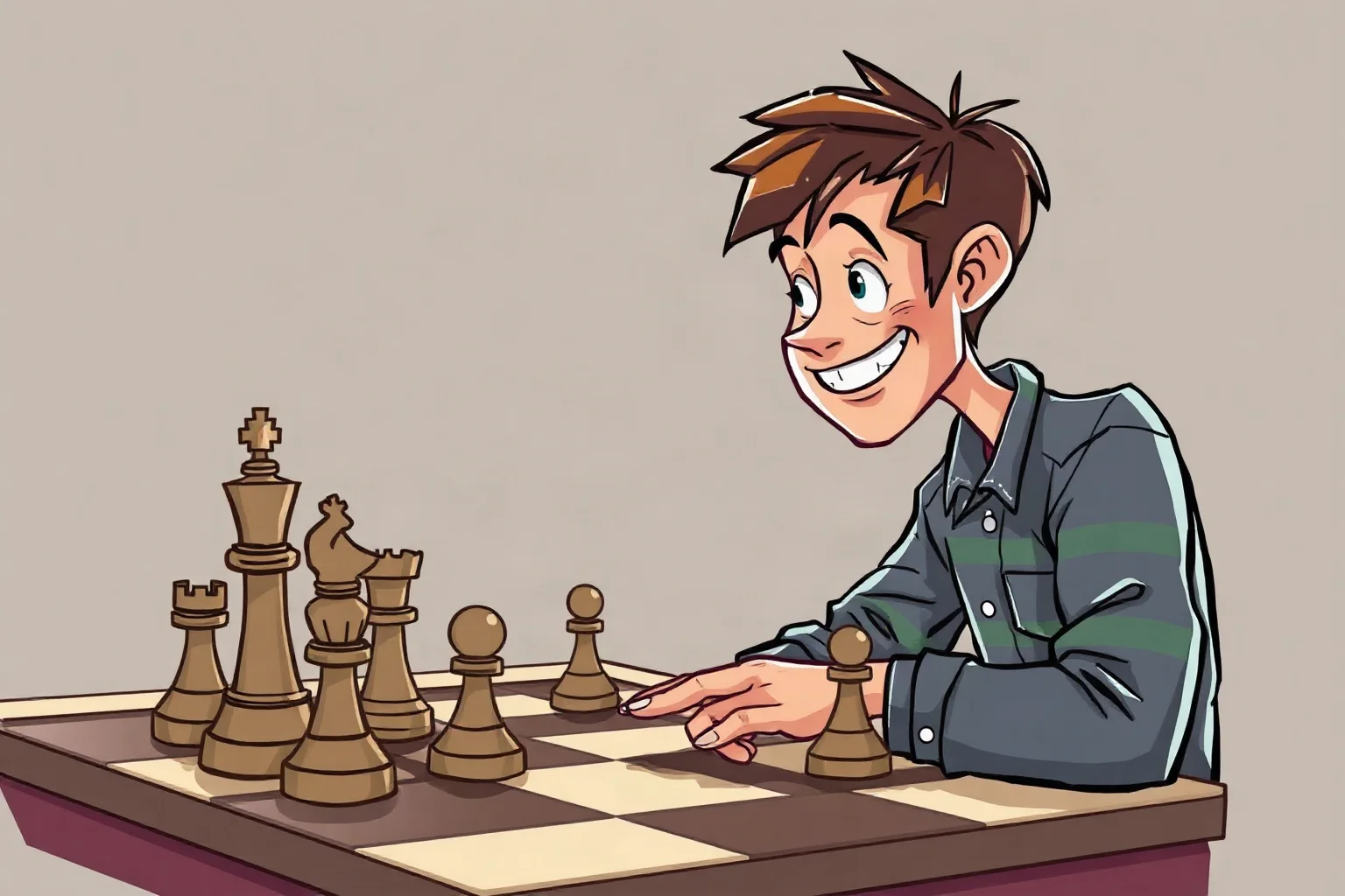 An illustration of a creative chess player smiling slightly while setting up an unconventional, imaginative position