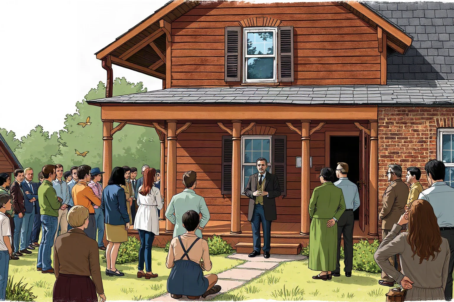 An illustration of a crowd gathered outside a wooden front porch of a 19th-century house, listening to a man address them