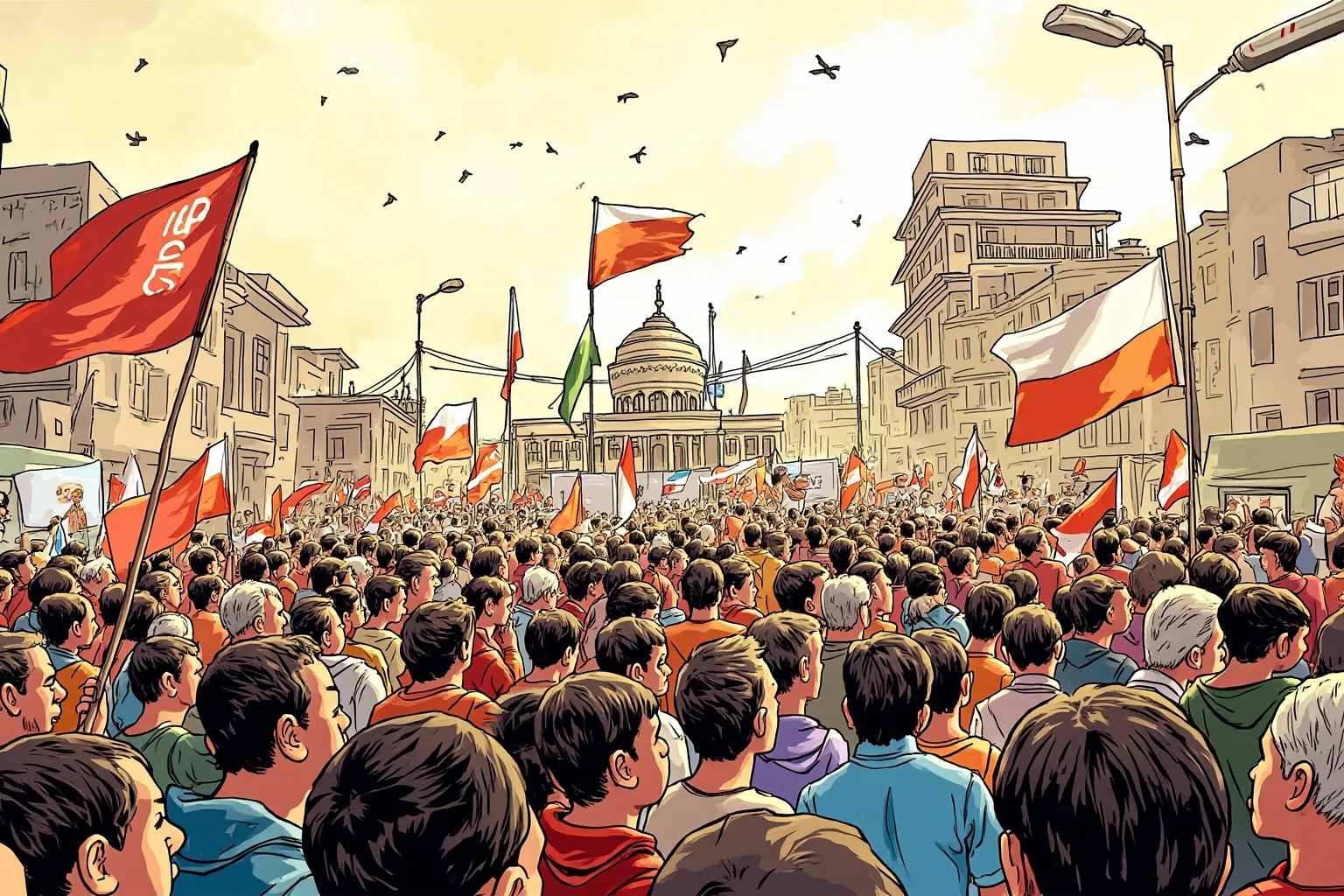 An illustration of a crowd gathering with banners in a South Asian city, evoking political unrest