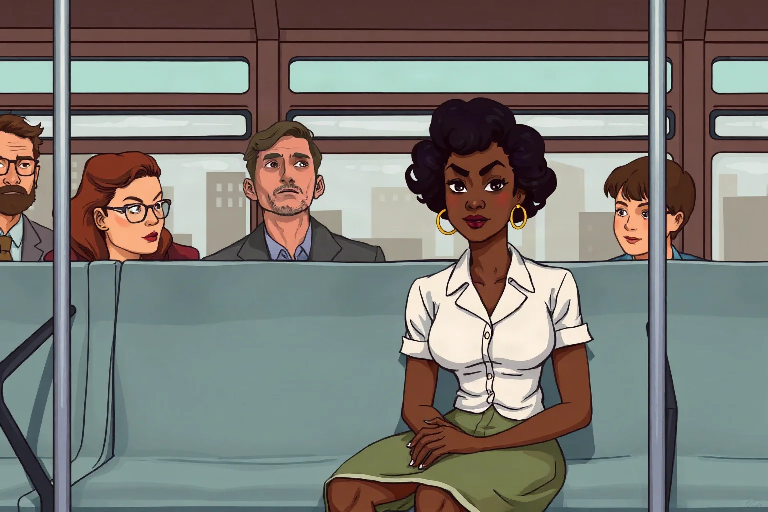 An illustration of a determined Black woman sitting calmly in a 1950s city bus seat as other passengers look on