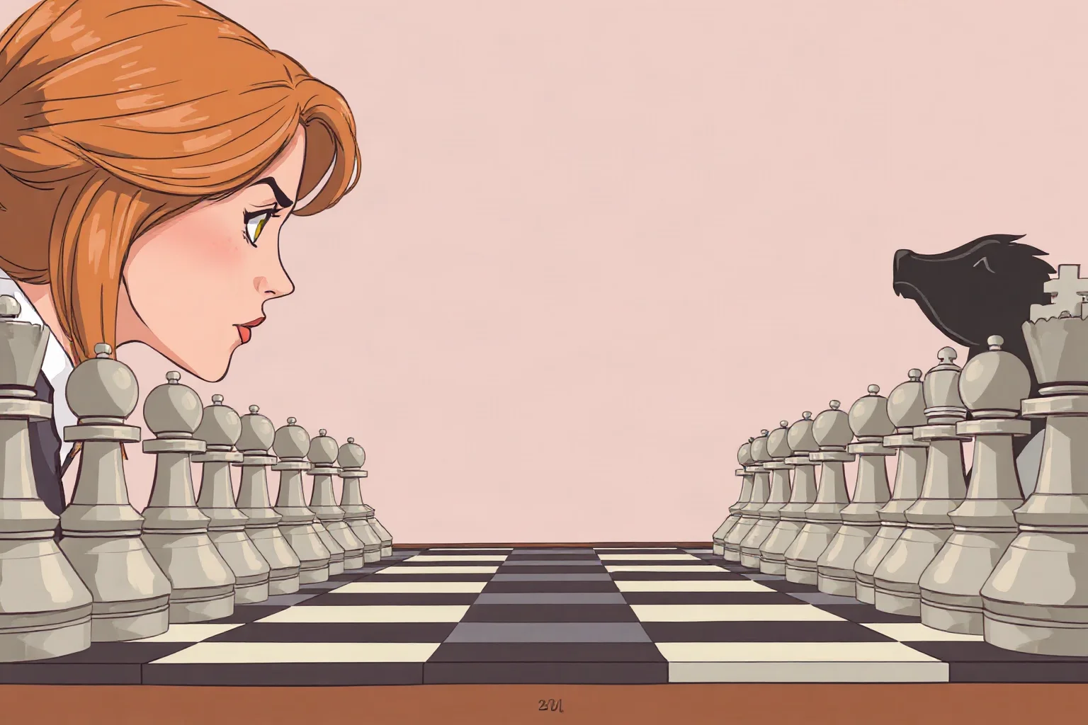 An illustration of a determined female chess grandmaster confidently facing down a row of male opponents