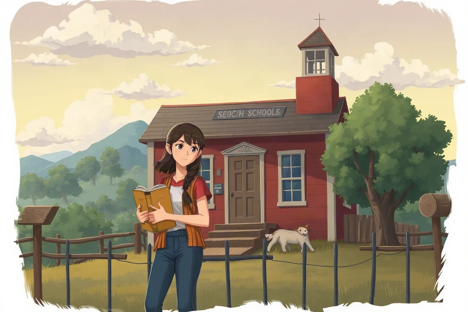 An illustration of a determined teenage girl standing before a rural schoolhouse with books in hand