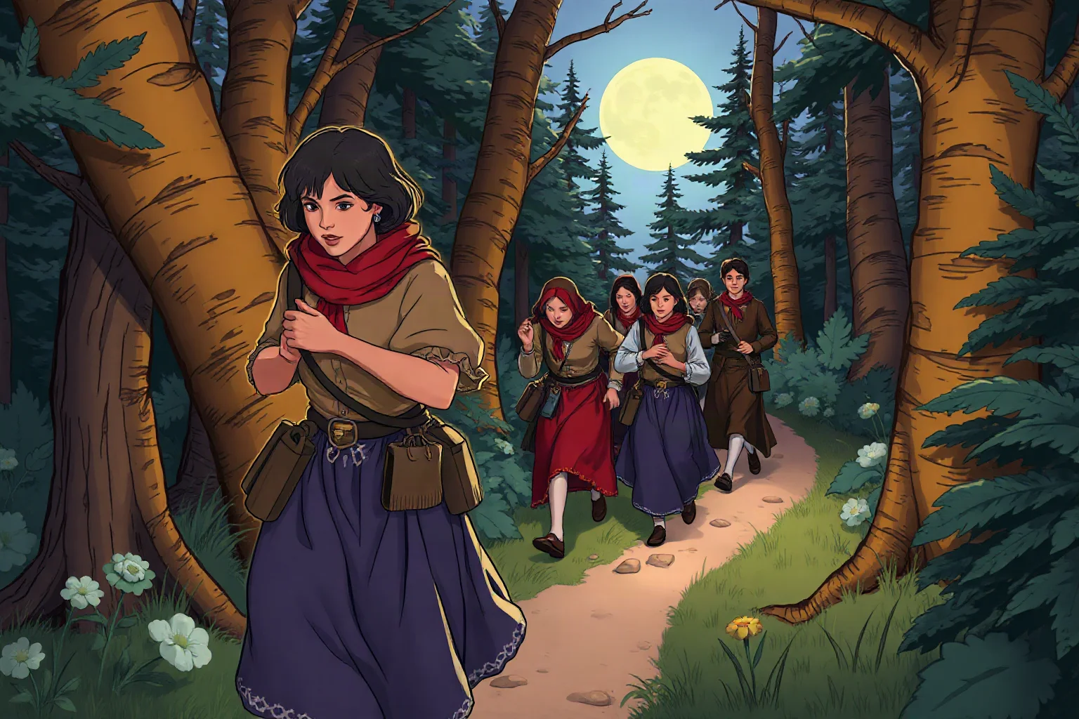 An illustration of a determined woman in 19th-century clothing leading a small group through a moonlit forest trail