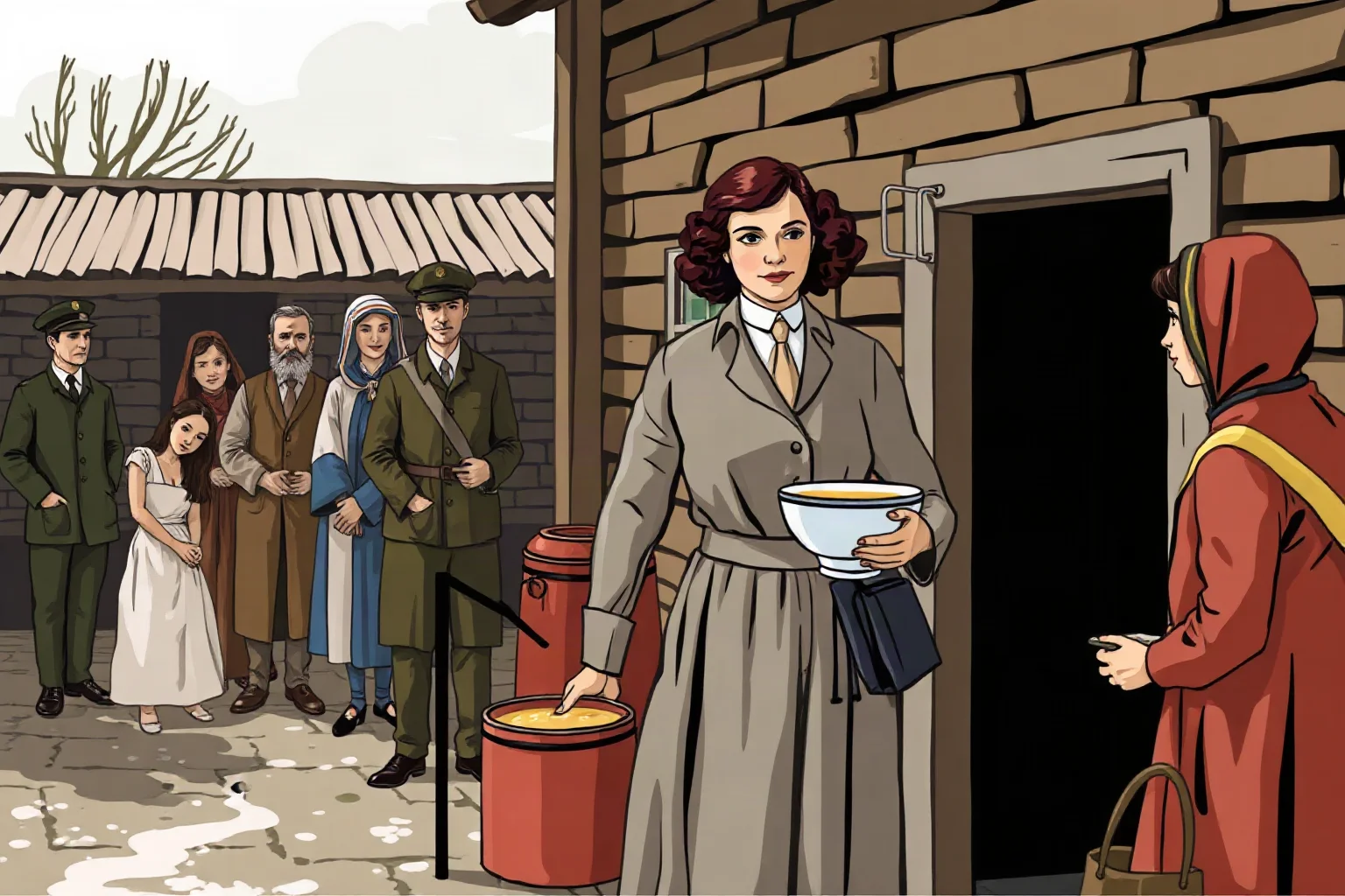 An illustration of a determined woman in plain 1930s clothing serving soup to a line of people outside a shelter