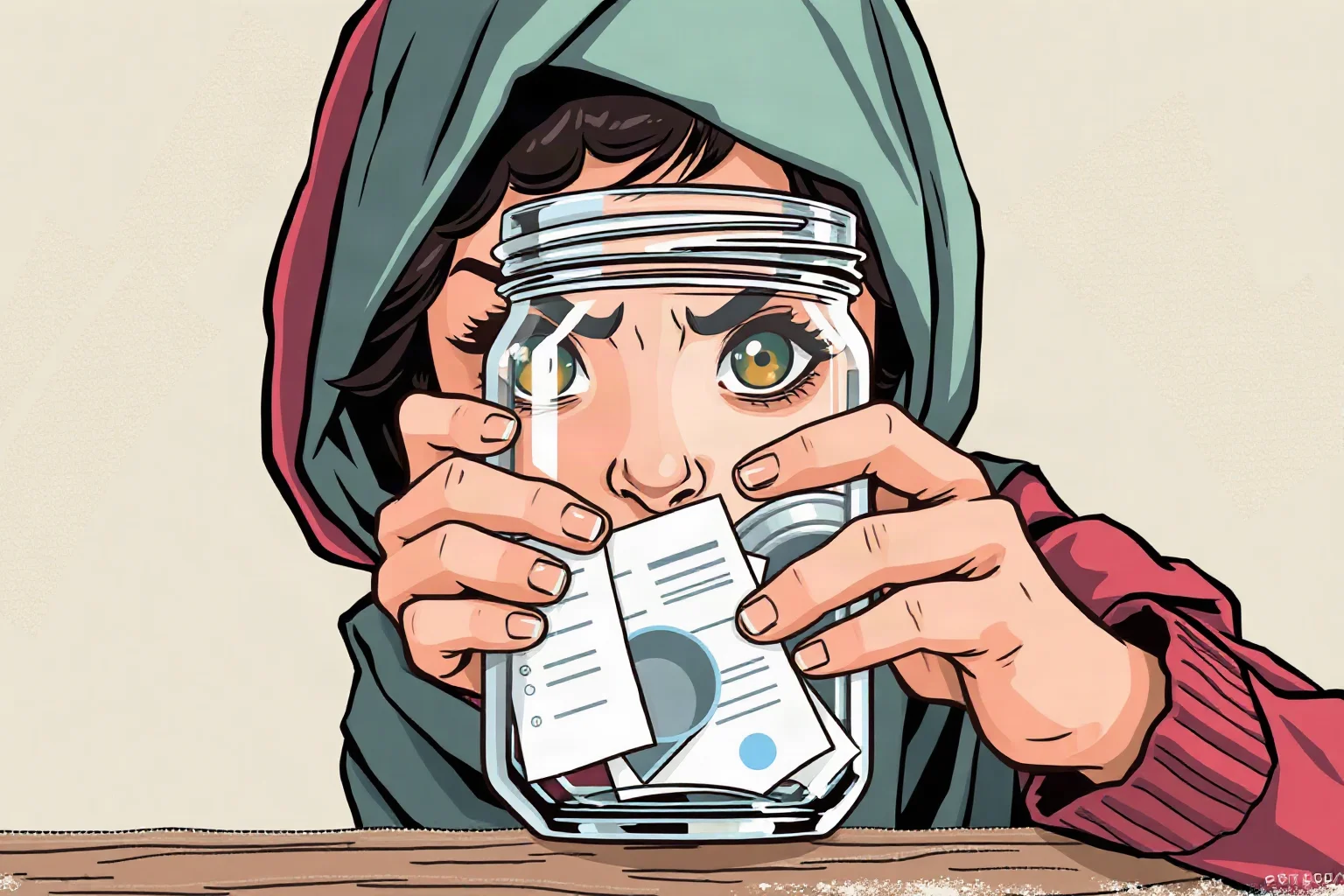 An illustration of a determined young woman in a headscarf carefully hiding documents inside a glass jar