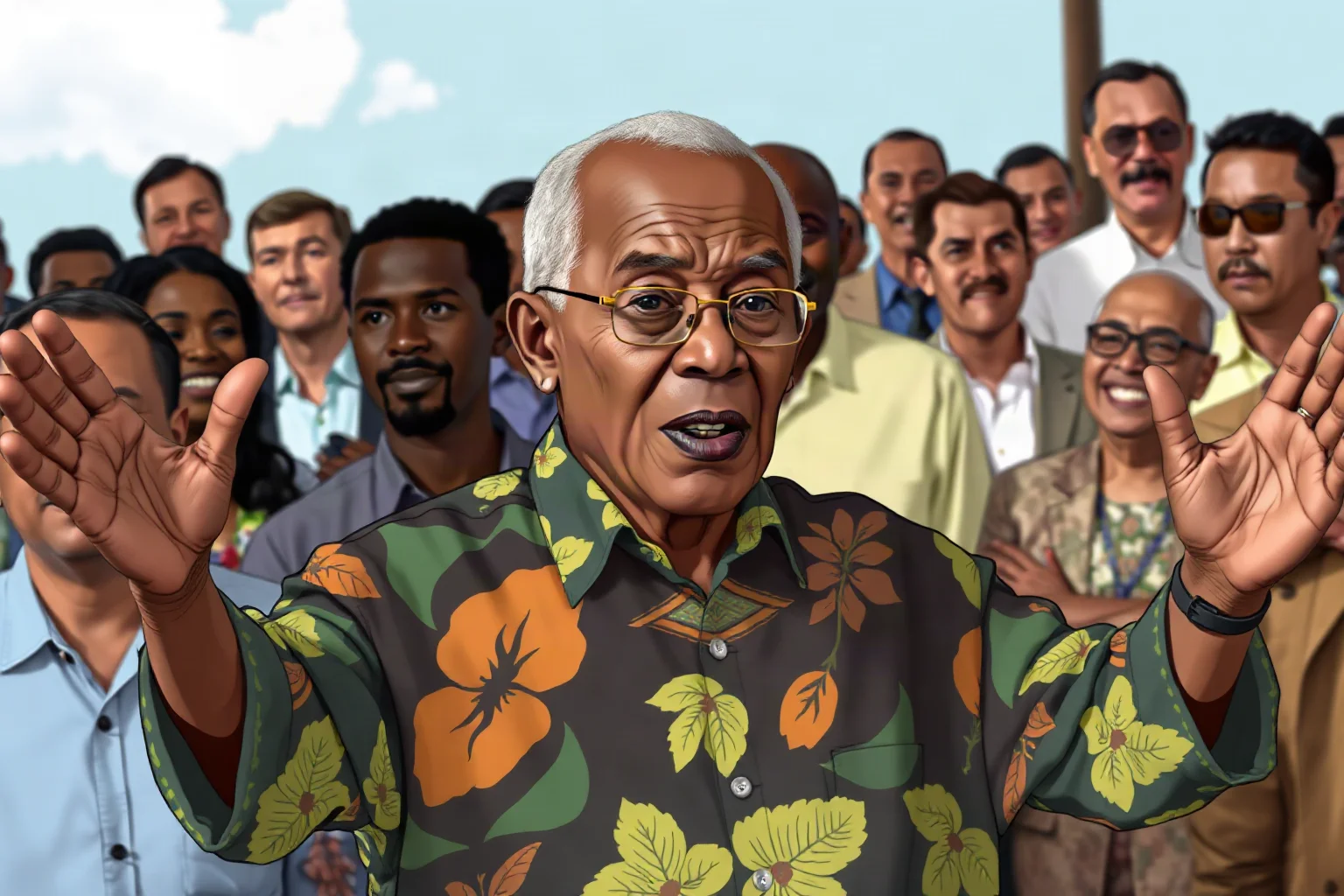 An illustration of a dignified elderly African statesman in a colorful patterned shirt, standing before a crowd with open arms