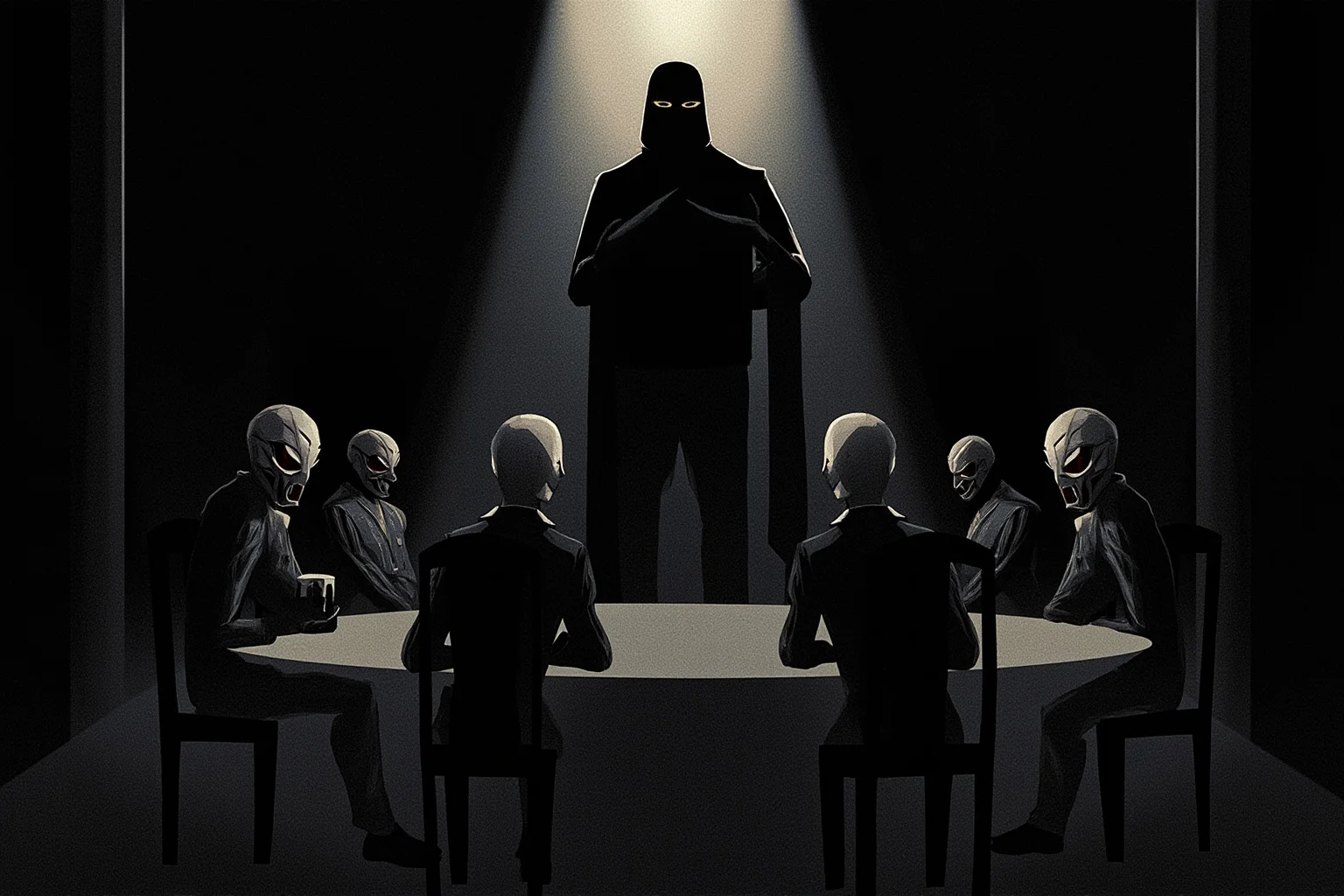 Mardi Gras Krewes: How Parades Turned Into Power And Pop Culture 11 An illustration of a dimly lit private meeting room with masked figures at a round table, symbolizing secrecy