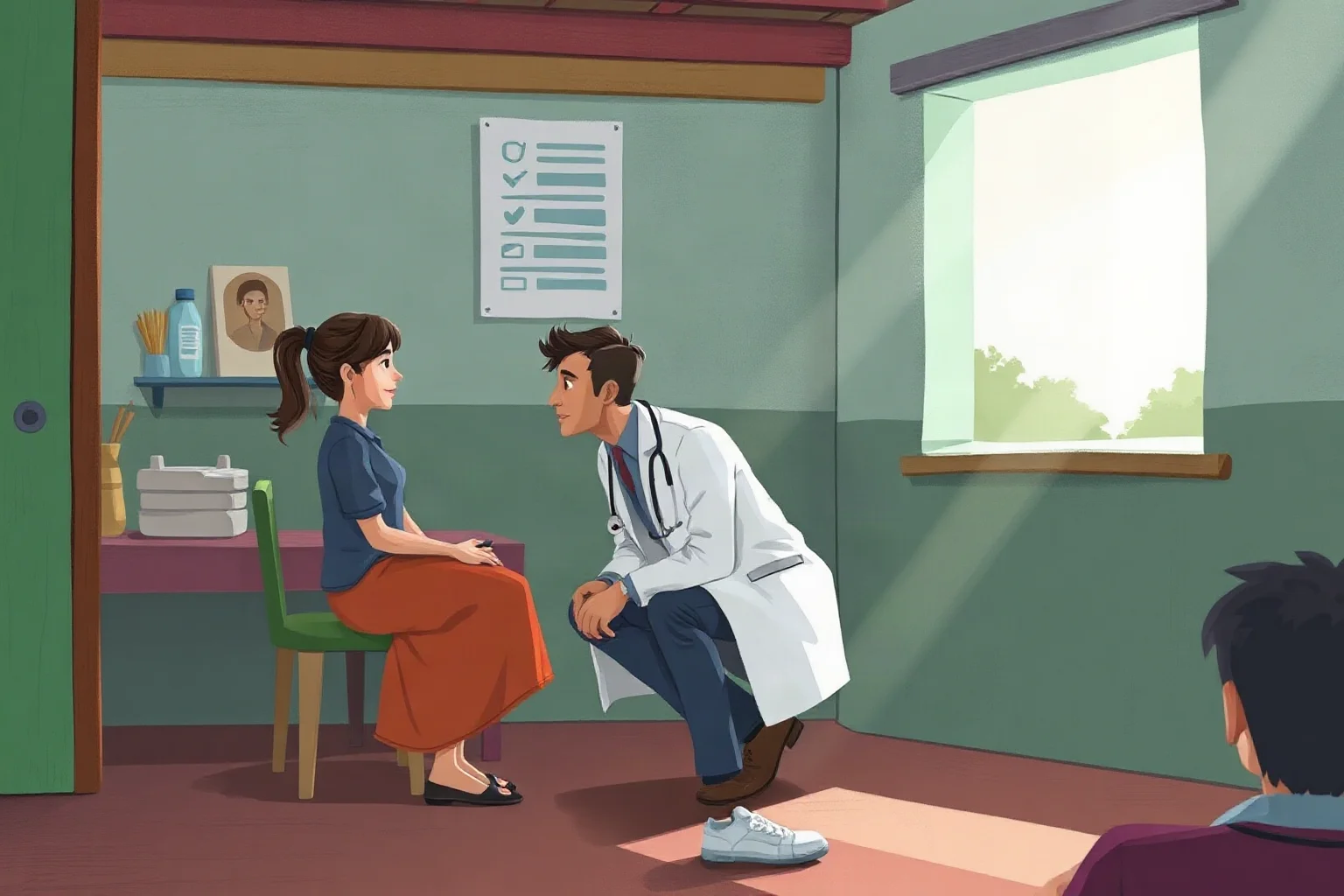 An illustration of a doctor in a white coat crouching to speak with a patient inside a small rural clinic