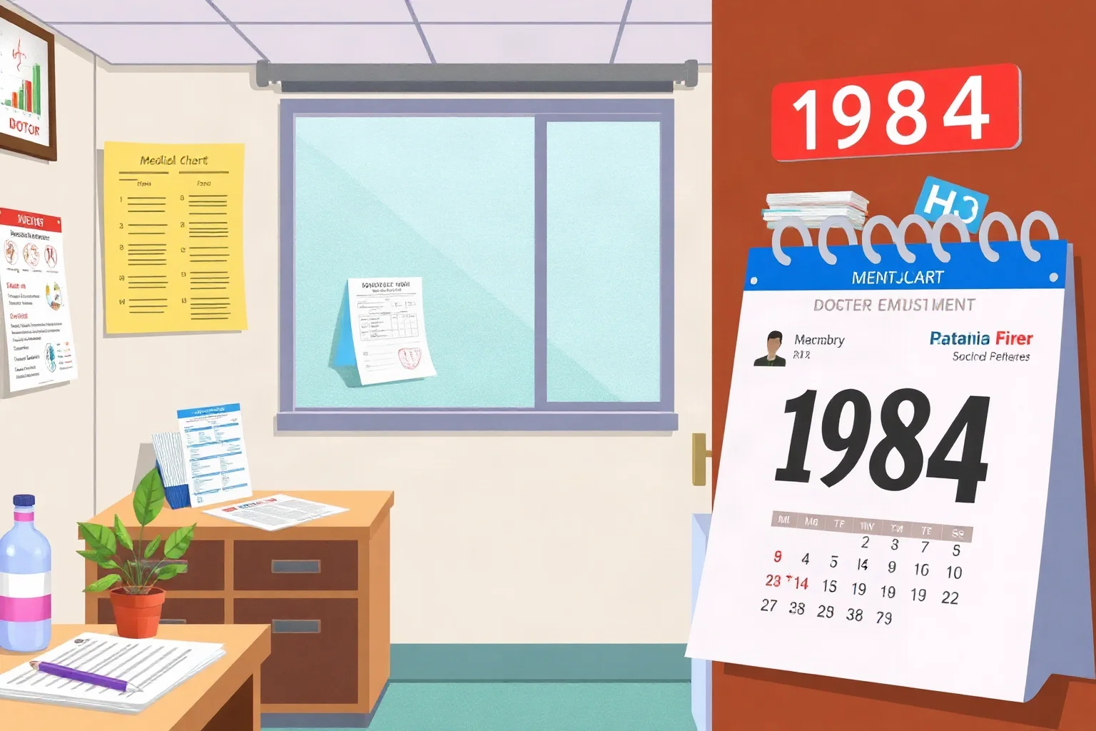 An illustration of a doctor's office with medical charts and a calendar showing the year 1984