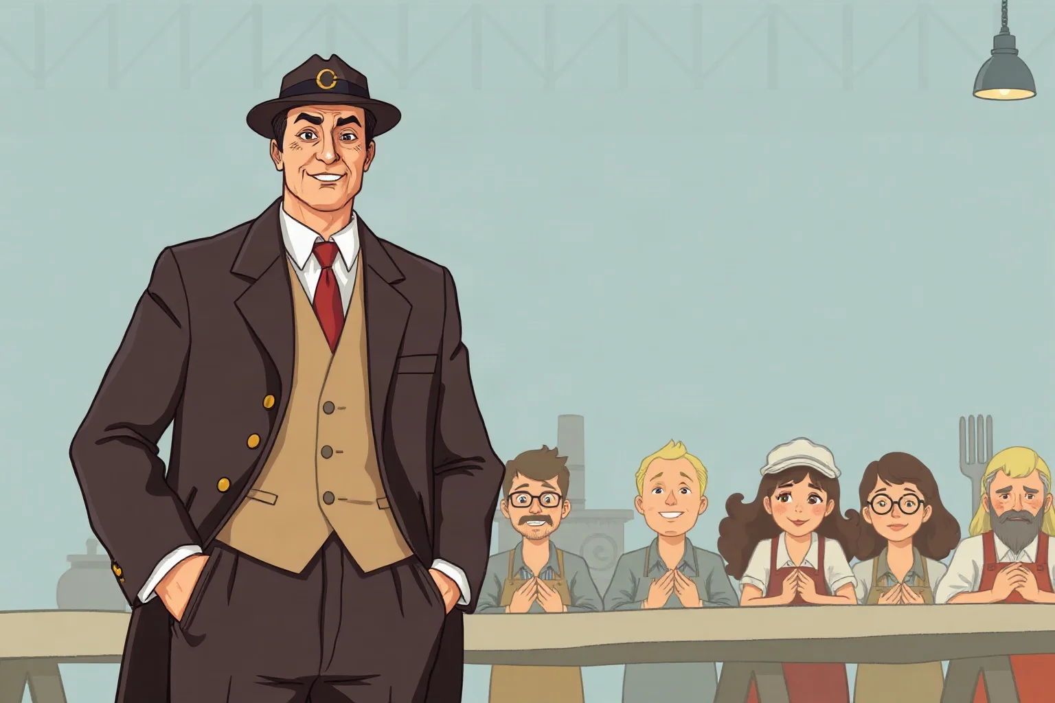An illustration of a factory owner in a 1940s suit standing protectively in front of a group of grateful workers