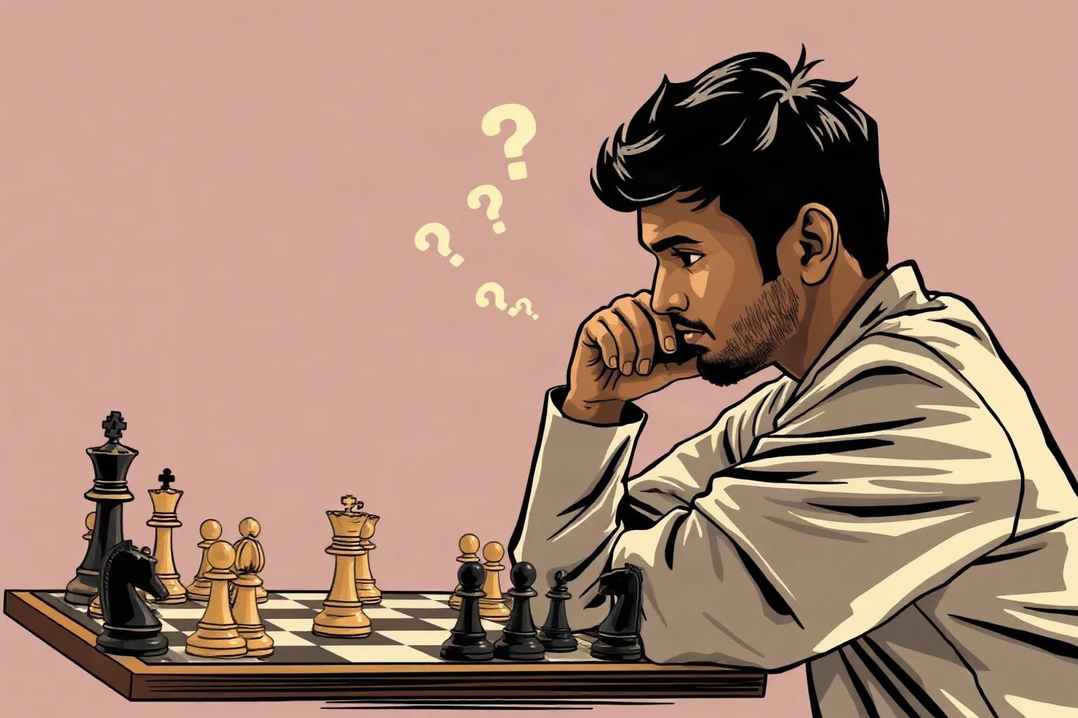 An illustration of a fast-thinking modern Indian chess grandmaster calculating rapidly at the board
