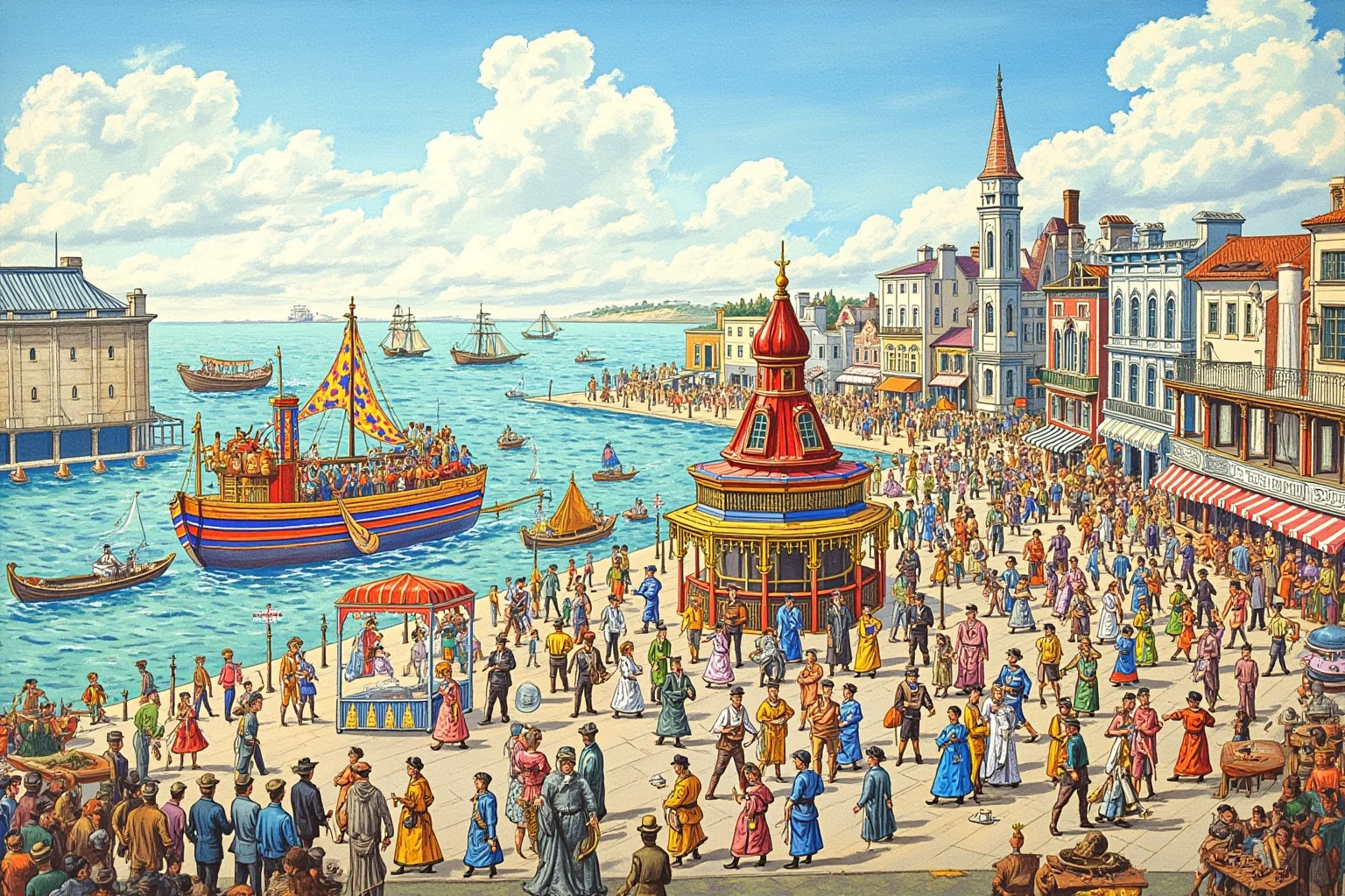 Mardi Gras Krewes: How Parades Turned Into Power And Pop Culture 20 An illustration of a festive coastal town parade scene with floats near a waterfront, distinct from New Orleans