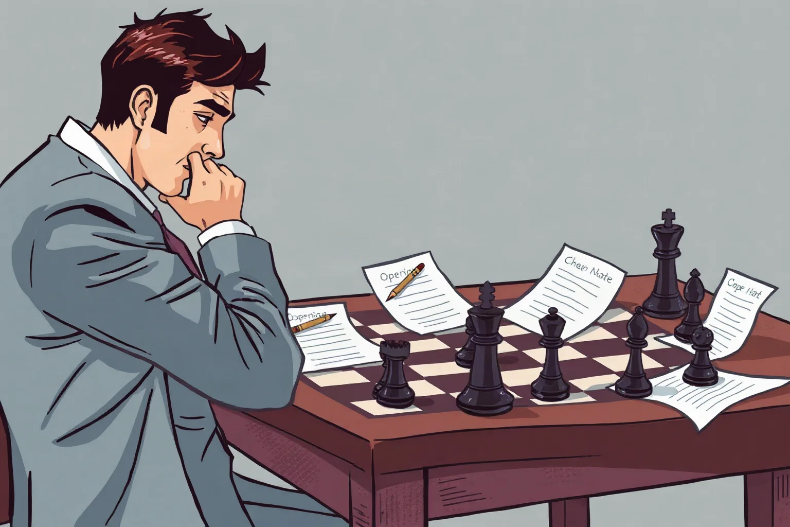 An illustration of a focused chess player with deep opening notes spread across the table before a big match