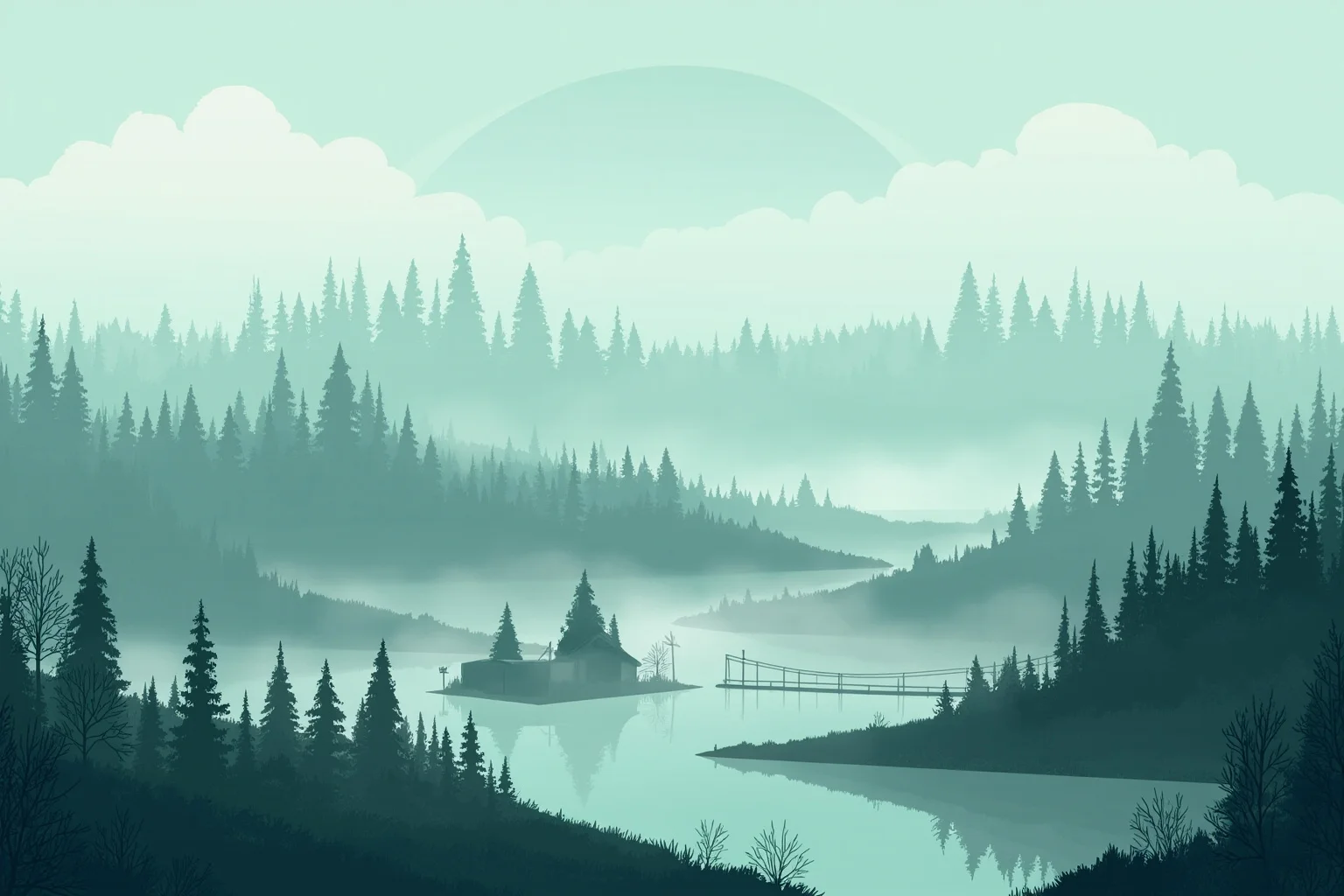 An illustration of a foggy, flooded rural landscape suggesting widespread but uncertain disaster damage