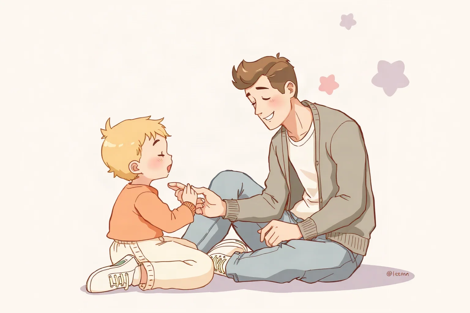 An illustration of a gentle man in a cardigan and sneakers sitting on the floor talking kindly with a small child