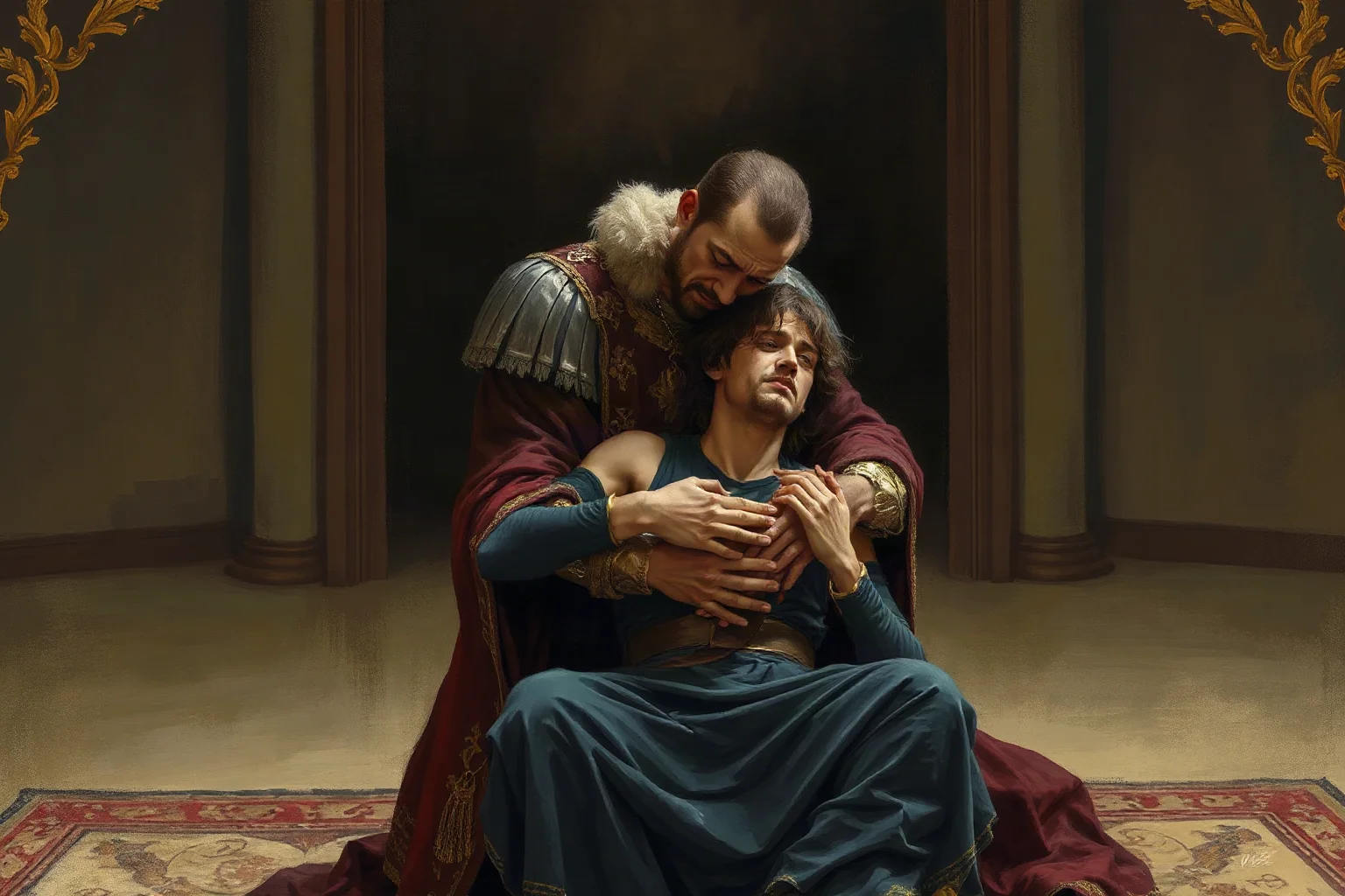 An illustration of a grand oil-painting-style scene of a distressed royal figure cradling a wounded young man in a dim palace room