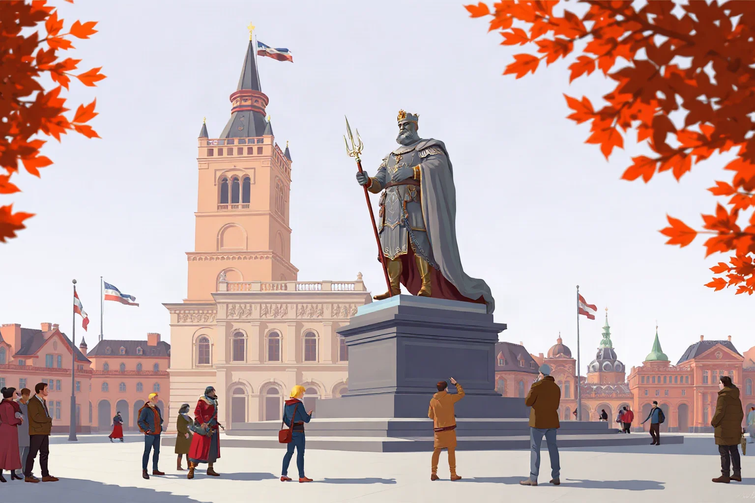 An illustration of a grand statue of a medieval Russian tsar standing in a modern city square, surrounded by onlookers debating