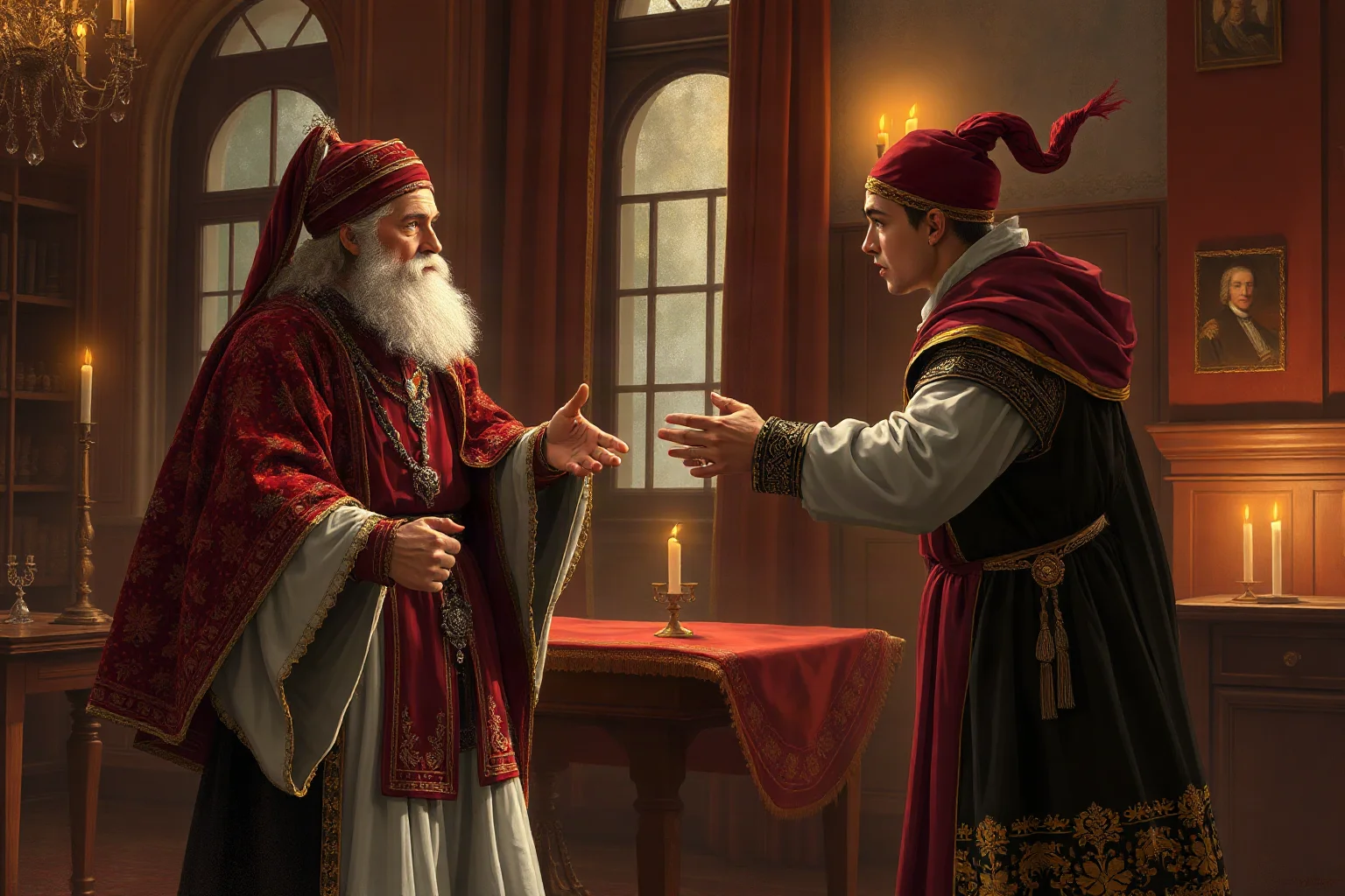 An illustration of a heated argument between an older and younger nobleman in 16th-century Russian royal dress inside a candle-lit room