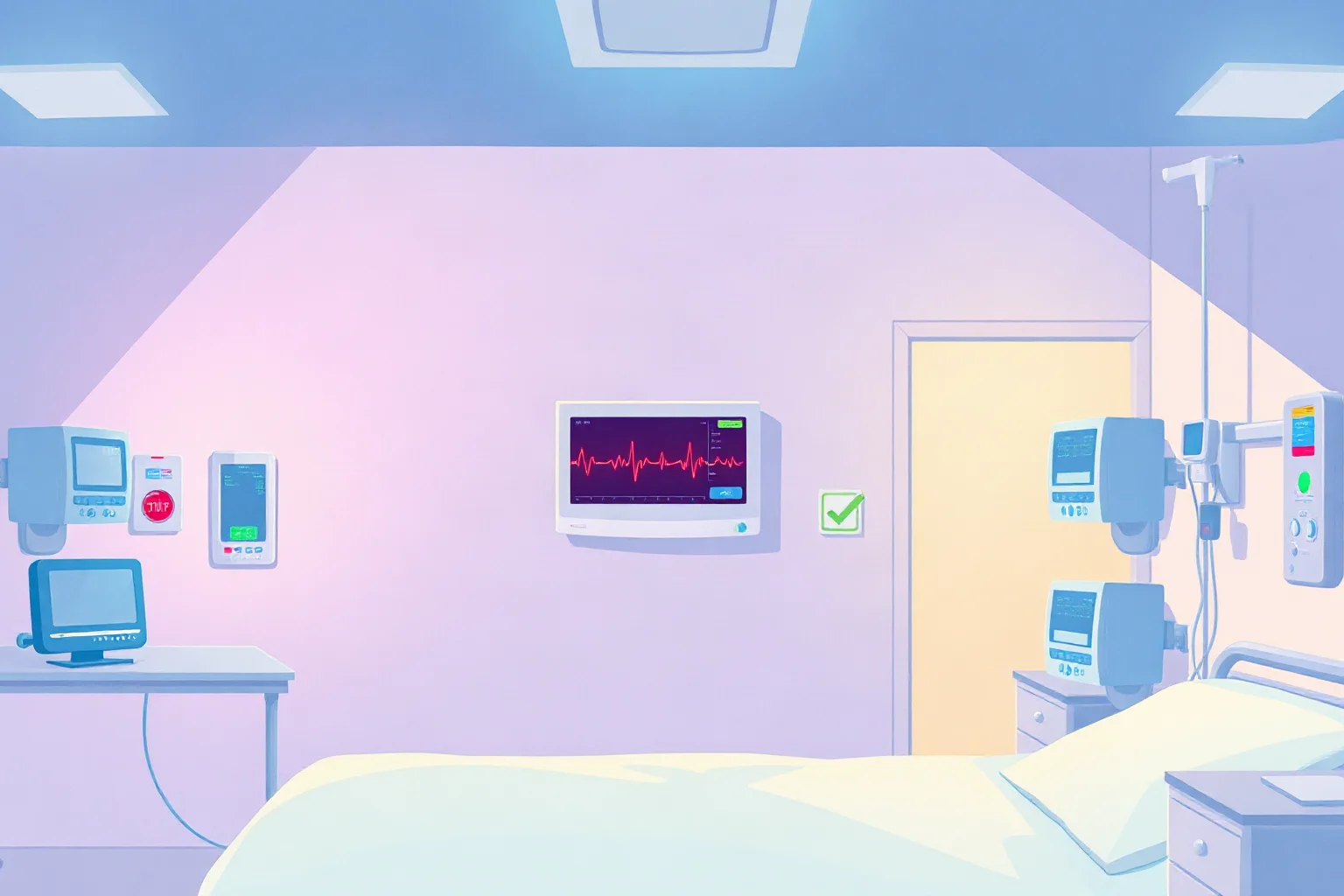 An illustration of a hospital room with soft lighting and a heart monitor, evoking 1980s medical care