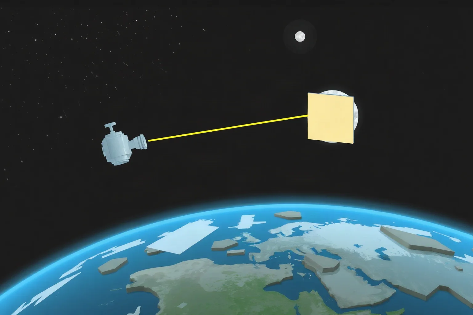 An illustration of a laser beam shooting from an observatory on Earth toward a small reflective panel on the moon