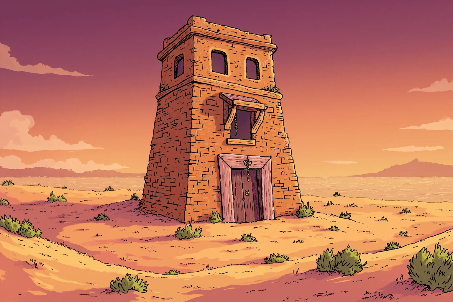 Grim Childhoods Indeed: The 20 Darkest Brothers Grimm Fairy Tales 14 An illustration of a lonely tower in a barren desert landscape with a long braid of hair hanging from a window